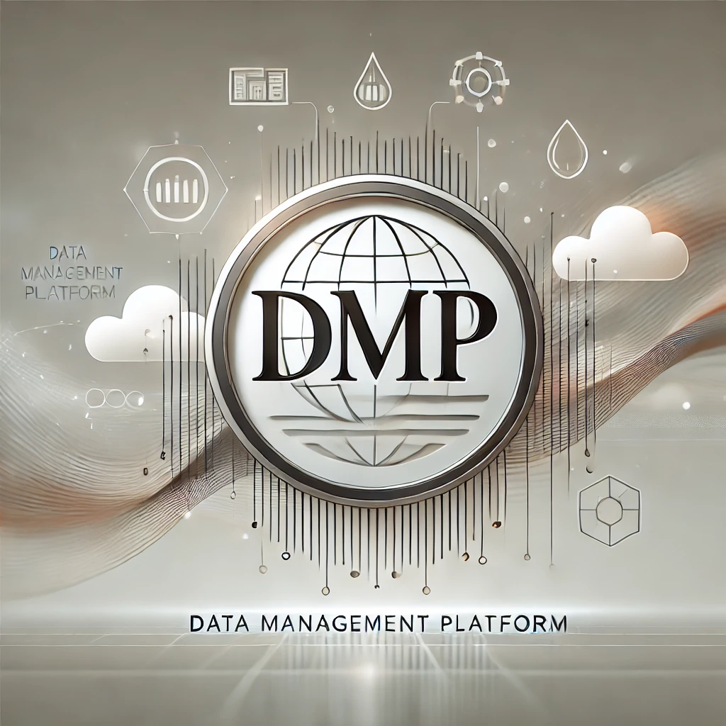 Daten-Management-Plattform (DMP) – Die Basis für datengetriebenes Marketing. KI-generiertes Bild. Das Bild zeigt eine minimalistische und professionelle digitale Illustration mit dem zentral platzierten Schriftzug "DMP".