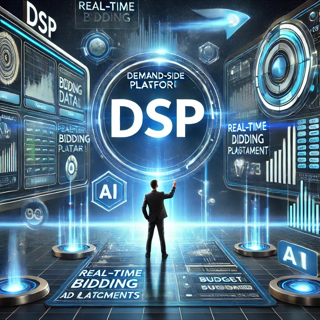 Demand-Side-Platform (DSP) - Automatisierter Werbeeinkauf in Echtzeit. KI-generiertes Bild. Das Bild zeigt eine futuristische digitale Werbeumgebung mit einem „DSP“-Dashboard, Echtzeit-Daten, KI-gesteuerten Anzeigen und schwebenden Elementen für Targeting und Budgetmanagement.