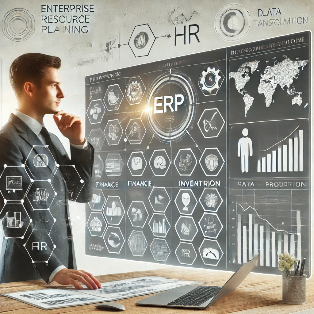 Enterprise Resource Planning (ERP), KI-generiertes Bild. Das Bild zeigt eine Geschäftsperson, die ein ERP-Dashboard mit Geschäftsprozessen auf einem großen Bildschirm analysiert.