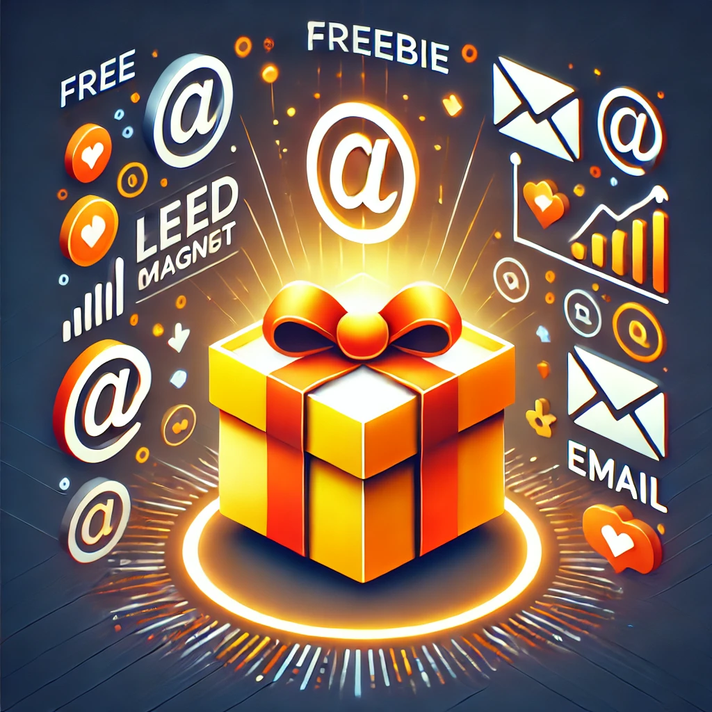 Freebie - Kostenloser Mehrwert zur Kundengewinnung & Lead-Generierung. KI-generiertes Bild. Das Bild zeigt eine leuchtende Geschenkbox mit einem Download-Symbol, umgeben von E-Mail- und Marketing-Icons, in warmen Orange- und Gelbtönen, die für Lead-Generierung und Freebies stehen.