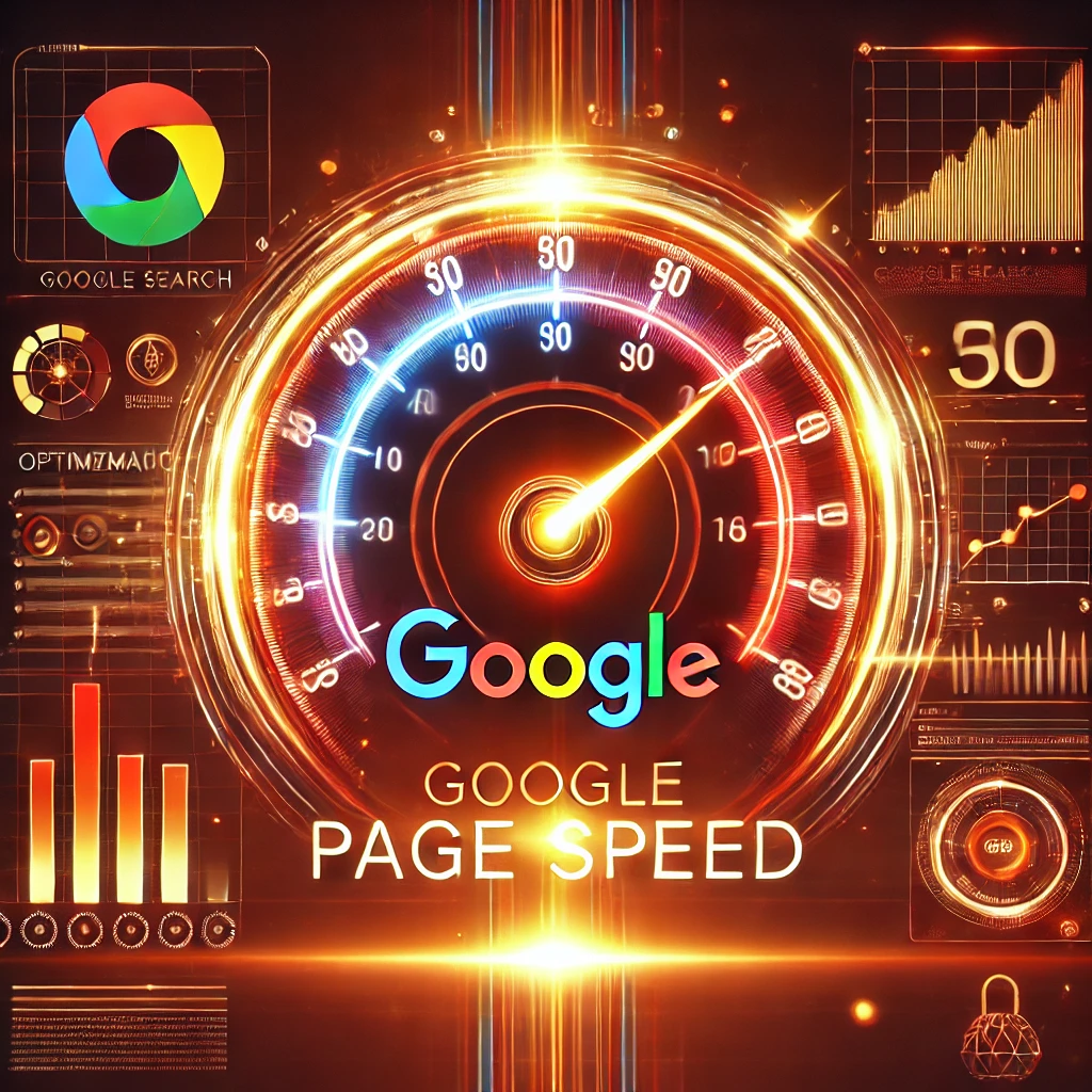 Google Page Speed - Bedeutung, Optimierung & Einfluss auf SEO. KI-generiertes Bild. Das Bild zeigt ein leuchtendes Speedometer mit warmen Rot-, Orange- und Gelbtönen, umgeben von Optimierungsdiagrammen und dem Schriftzug "Google Page Speed" in futuristischer Schrift.