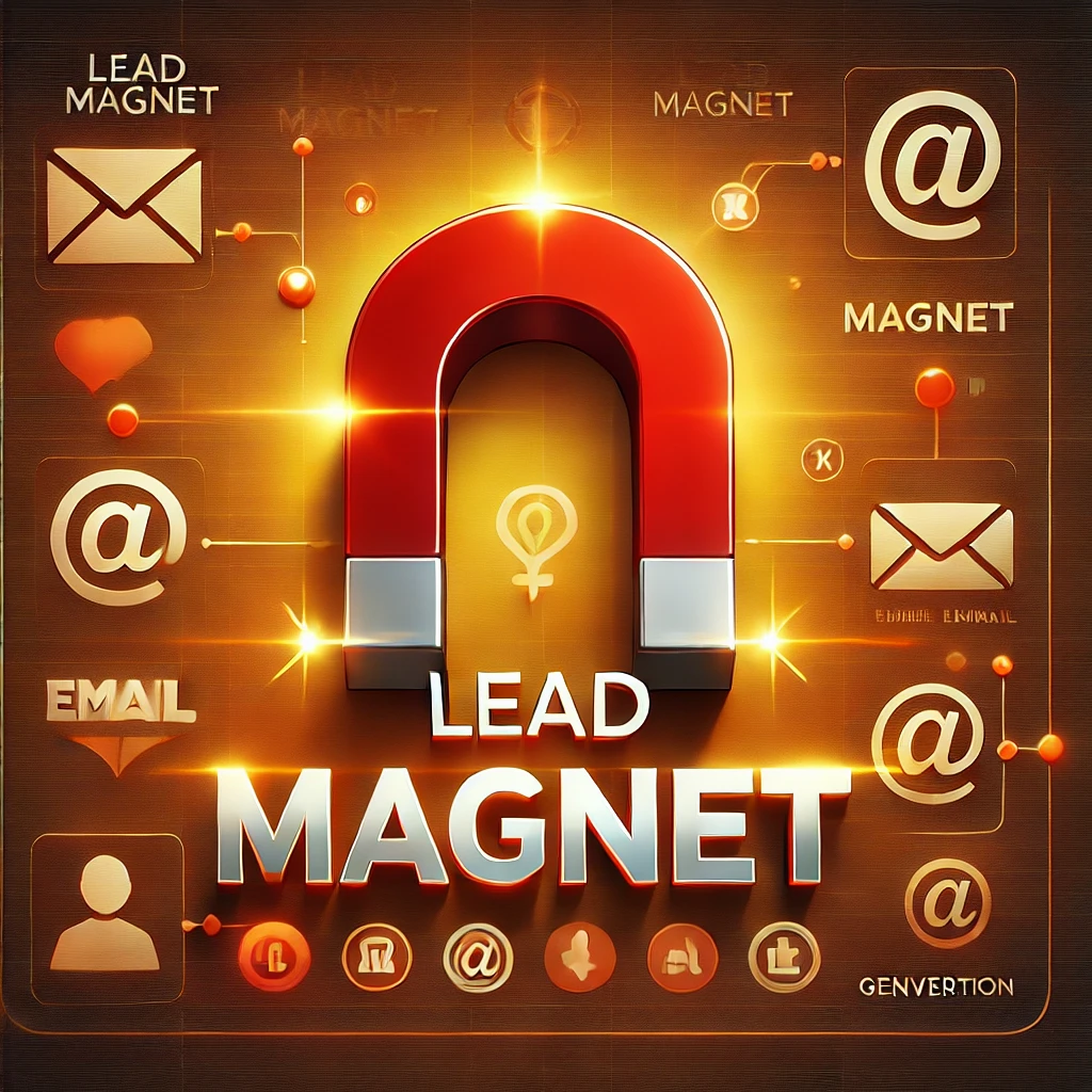 Lead Magnet - Der Schlüssel zur erfolgreichen Lead-Generierung. KI-generiertes Bild.Das Bild zeigt den Schriftzug "Lead Magnet" in leuchtenden Buchstaben, umgeben von einem Magneten, der Benutzer-Icons, E-Mails und Conversion-Symbole anzieht, in warmen Rot-, Orange- und Gelbtönen.