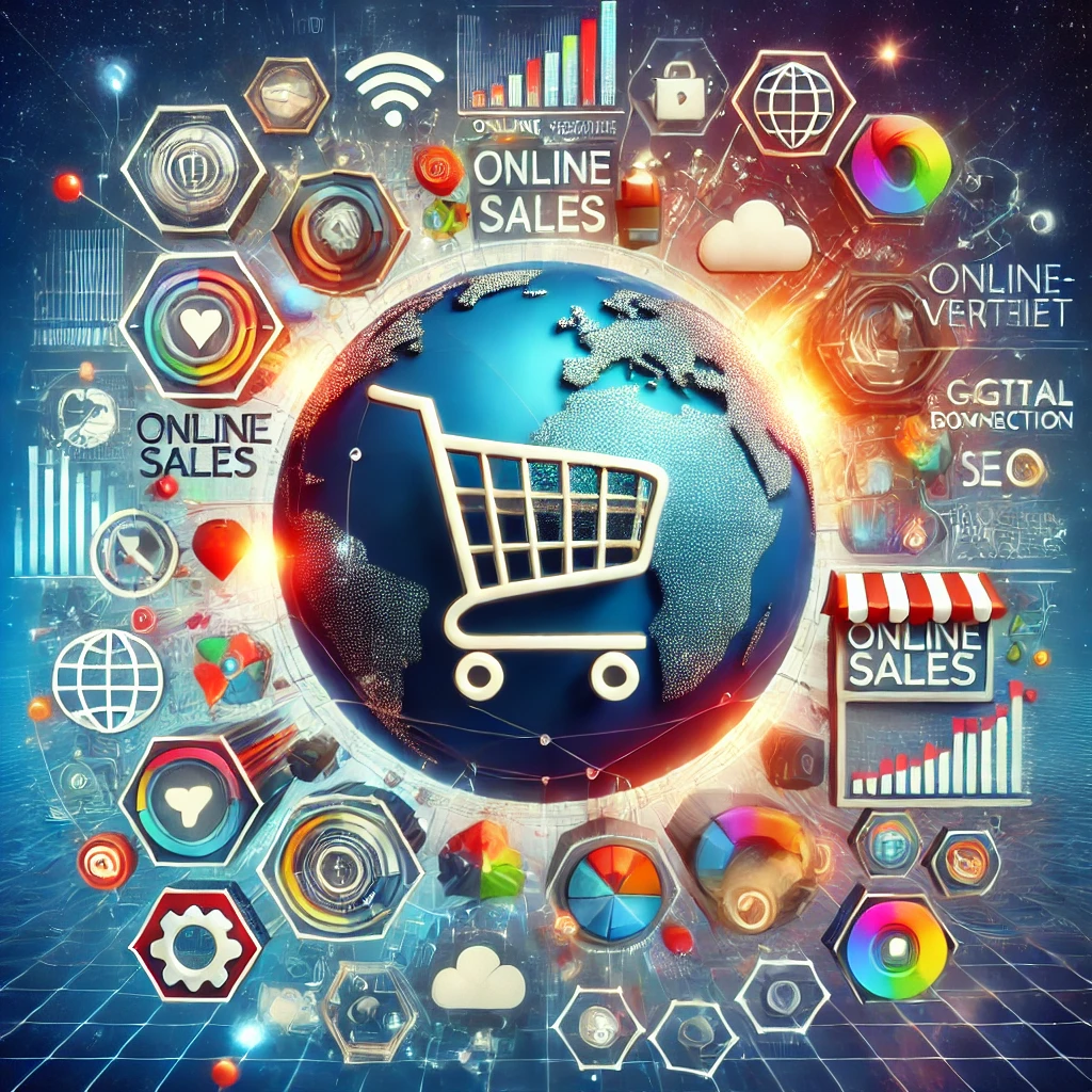 Online-Vertrieb - Erfolgreiche Strategien für digitales Wachstum. KI-generiertes Bild. Das Bild zeigt eine moderne Darstellung des Online-Vertriebs mit E-Commerce-Elementen, digitalen Marketing-Icons und Datenanalysen.