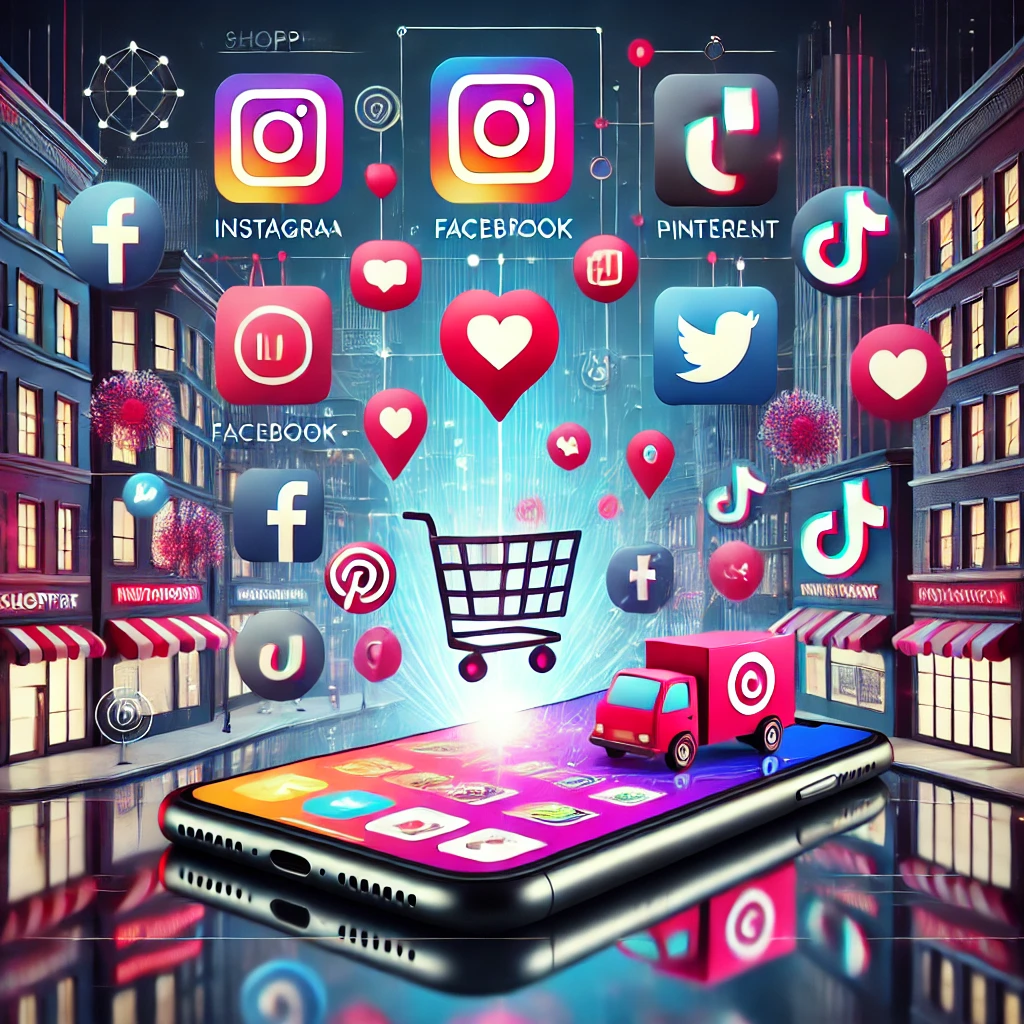 Social Commerce - Der direkte Verkauf über soziale Netzwerke. KI-generiertes Bild. Das Bild zeigt ein modernes Smartphone mit Shopping-Icons, Social-Media-Logos (Instagram, Facebook, TikTok, Pinterest), Influencer-Marketing-Elementen und interaktiven Shopping-Funktionen wie Likes.