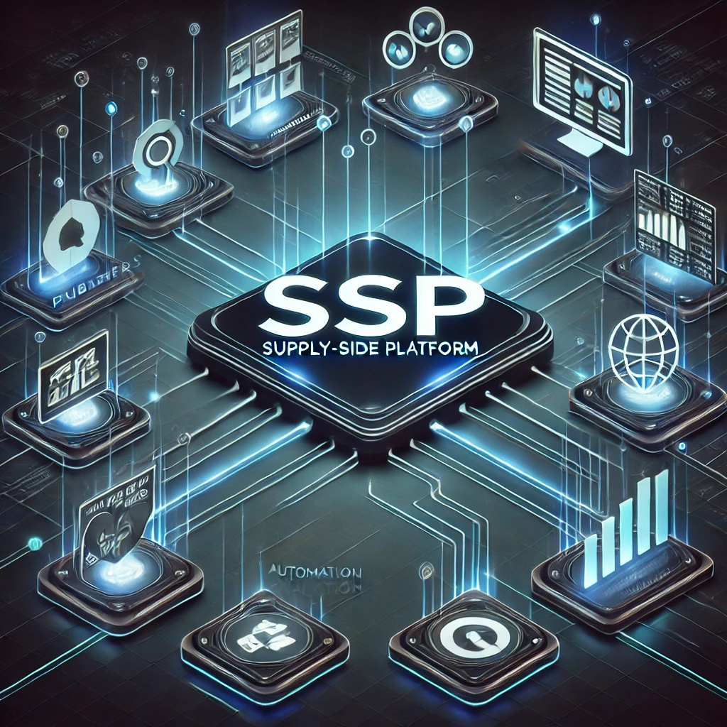 Supply-Side-Platform (SSP) - Automatisierte Monetarisierung von Werbeflächen. KI-generiertes Bild. Das Bild zeigt eine moderne, digitale Illustration, die das Konzept einer Supply-Side-Platform (SSP) visuell darstellt, mit Symbolen für automatisierte Werbeauktionen, Echtzeit-Bidding und Publisher-Monetarisierung.