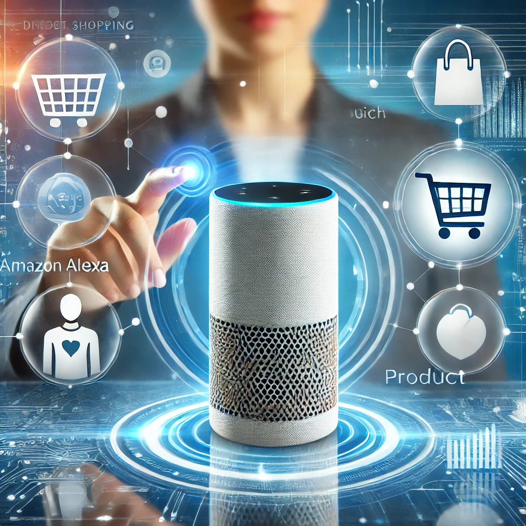 Voice Commerce - Die Zukunft des sprachgesteuerten Einkaufens. KI-generiertes Bild. Das Bild zeigt eine futuristische Shopping-Szene, in der eine Person per Sprachbefehl mit einem Smart Speaker wie Amazon Alexa oder Google Nest einkauft, umgeben von schwebenden digitalen Shopping-Icons.