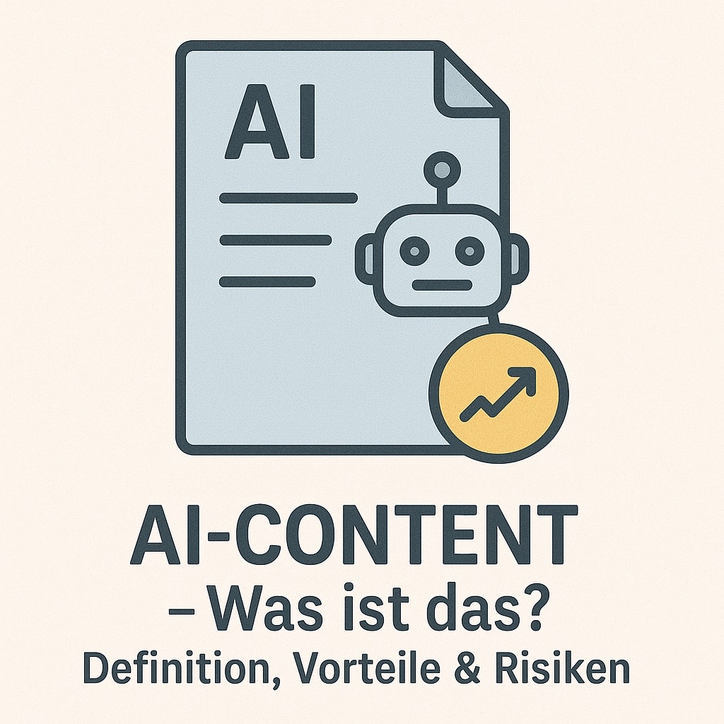 Grafik zum Thema ‚AI-Content – Was ist das? Definition, Vorteile & Risiken‘: Ein hellblaues Dokument mit der Aufschrift ‚AI‘, einem stilisierten Roboterkopf und einem Symbol mit aufsteigendem Pfeil. Darunter der Titel in drei Zeilen mit klarer typografischer Gliederung.