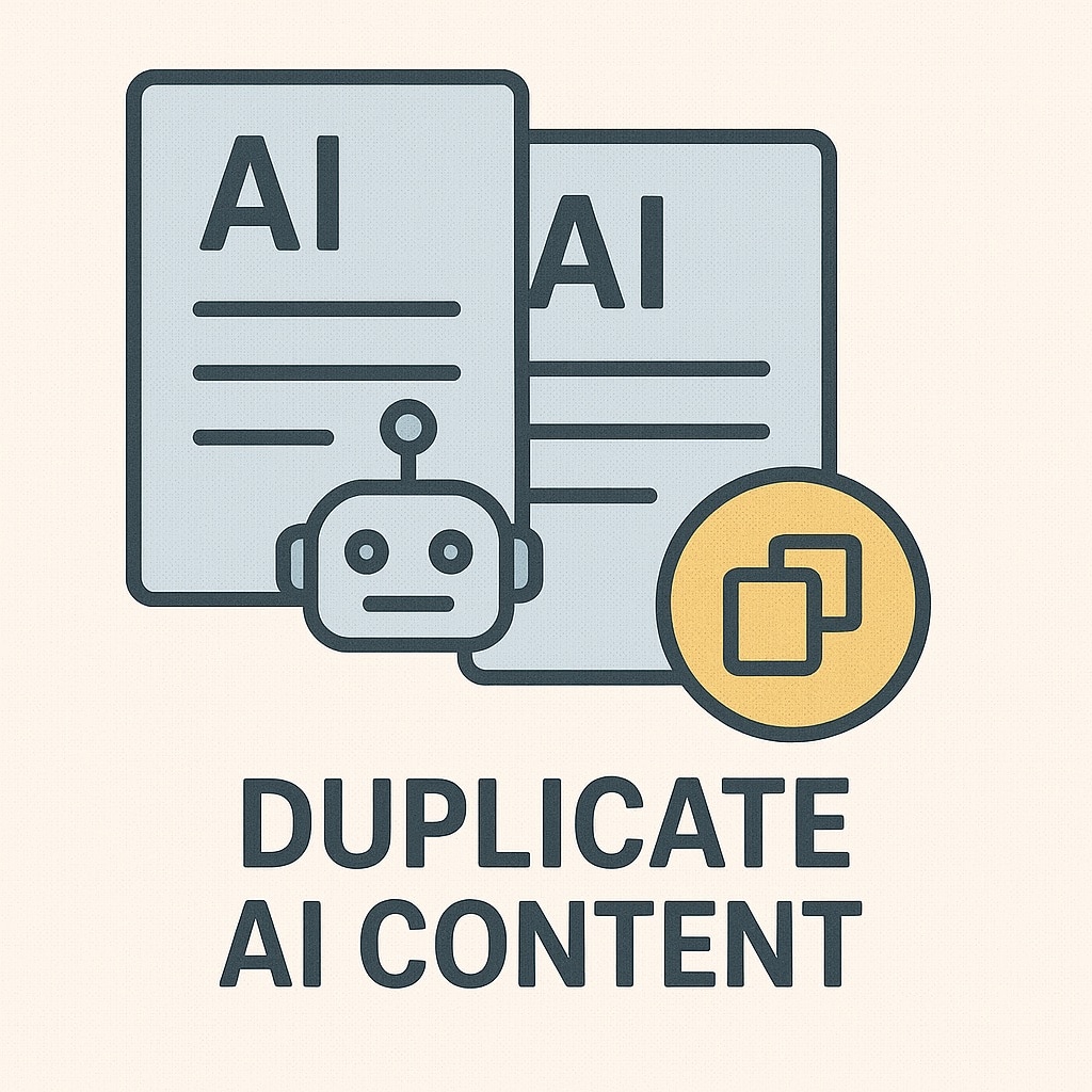 Grafik zum Thema Duplicate AI Content: Zwei identische Dokumente mit der Aufschrift ‚AI‘ liegen übereinander, davor ein stilisierter Roboterkopf und ein Symbol mit zwei überlappenden Rechtecken. Darunter steht der Titel ‚Duplicate AI Content‘ in Großbuchstaben.
