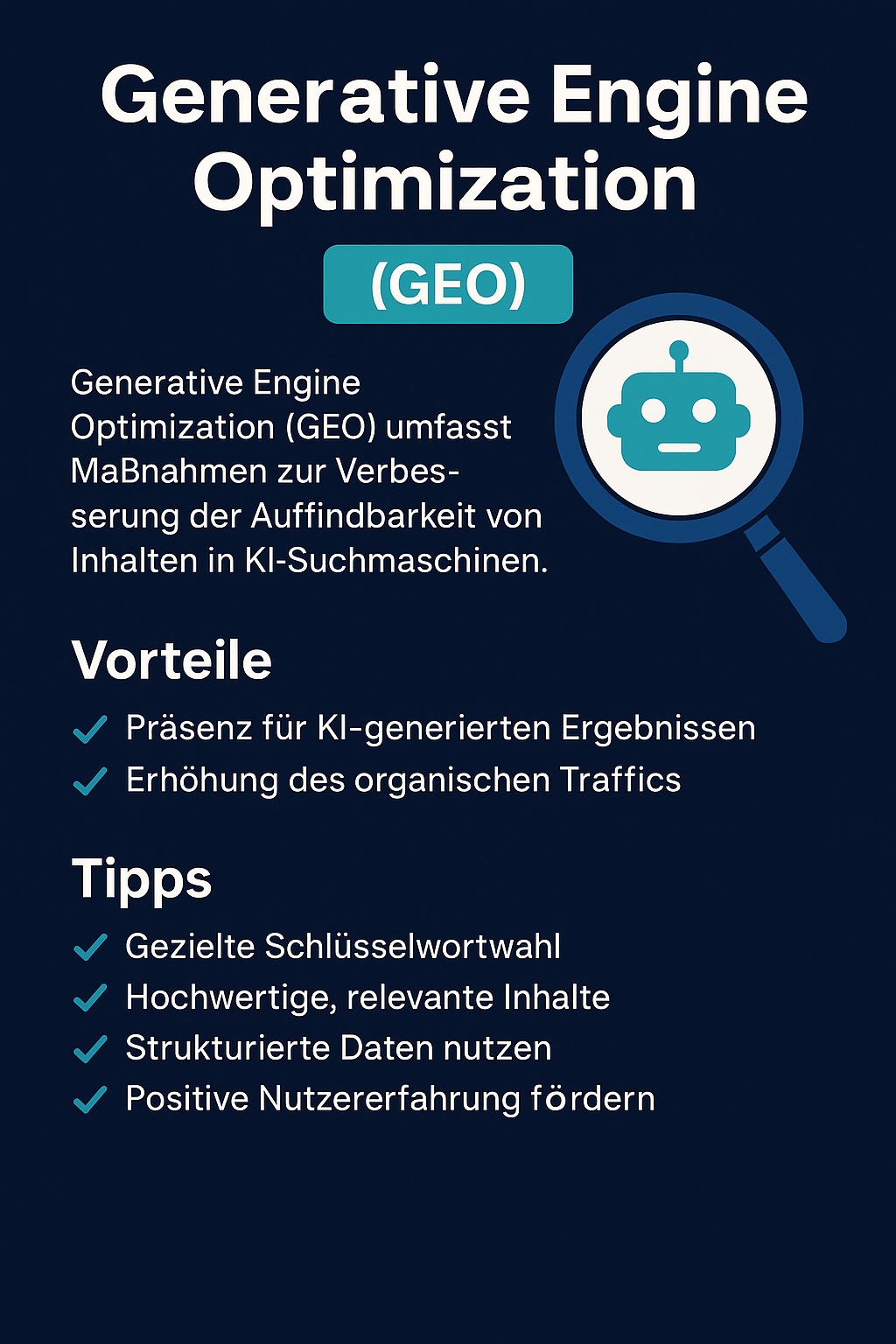 Infografik zu Generative Engine Optimization (GEO): Erklärt Maßnahmen zur Verbesserung der Auffindbarkeit von Inhalten in KI-Suchmaschinen, listet Vorteile wie erhöhte Sichtbarkeit und Tipps wie strukturierte Daten, relevante Inhalte und gezielte Keywordwahl auf.