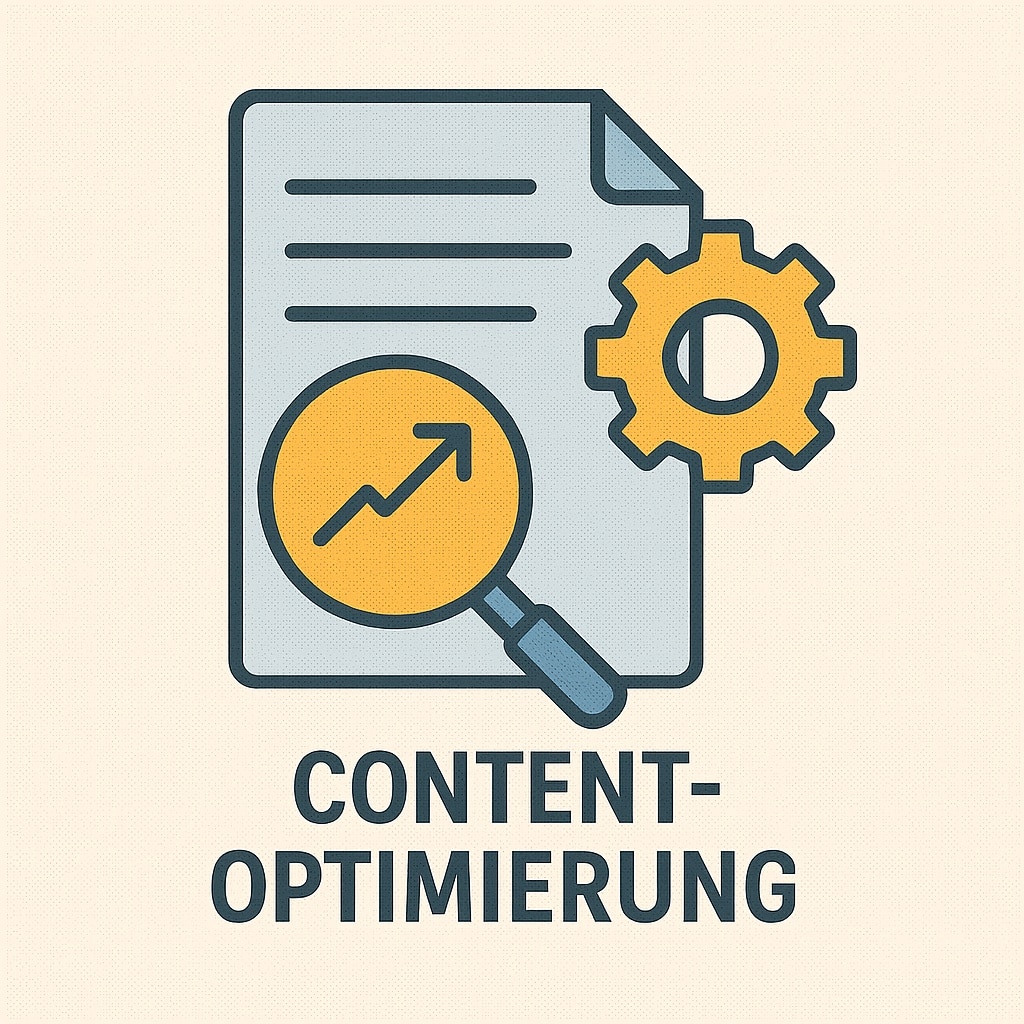 Grafik zur Content-Optimierung: Ein Dokument mit Textzeilen, davor eine Lupe mit aufsteigendem Pfeil als Symbol für Analyse und Wachstum sowie ein Zahnrad für technische Anpassung. Darunter steht der Begriff ‚Content-Optimierung‘.