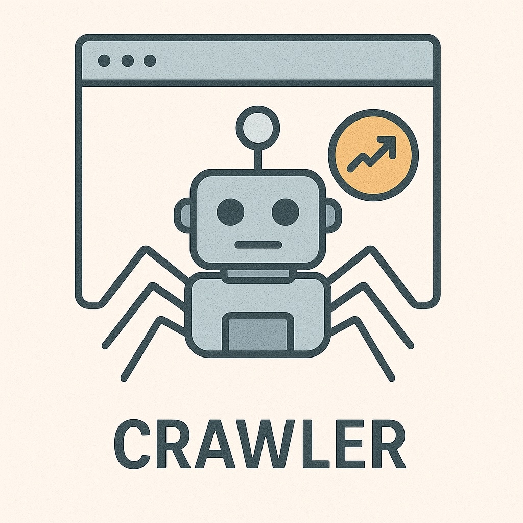 Grafik zum Thema Crawler: Ein stilisierter Roboter mit spinnenartigen Beinen steht vor einem Browserfenster mit Suchsymbol. Rechts daneben ein Kreis mit aufsteigendem Pfeil. Unter dem Bild steht der Begriff ‚Crawler‘ in Großbuchstaben.
