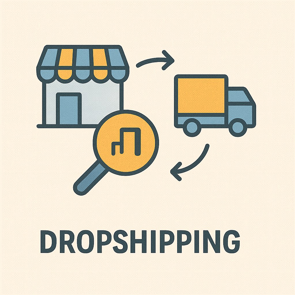 Grafik zum Thema Dropshipping: Eine Laden-Icon, ein Lieferwagen und eine Lupe mit Diagramm sind durch Pfeile verbunden und symbolisieren den Ablauf des Dropshipping-Modells. Darunter steht der Begriff ‚Dropshipping‘ in Großbuchstaben.
