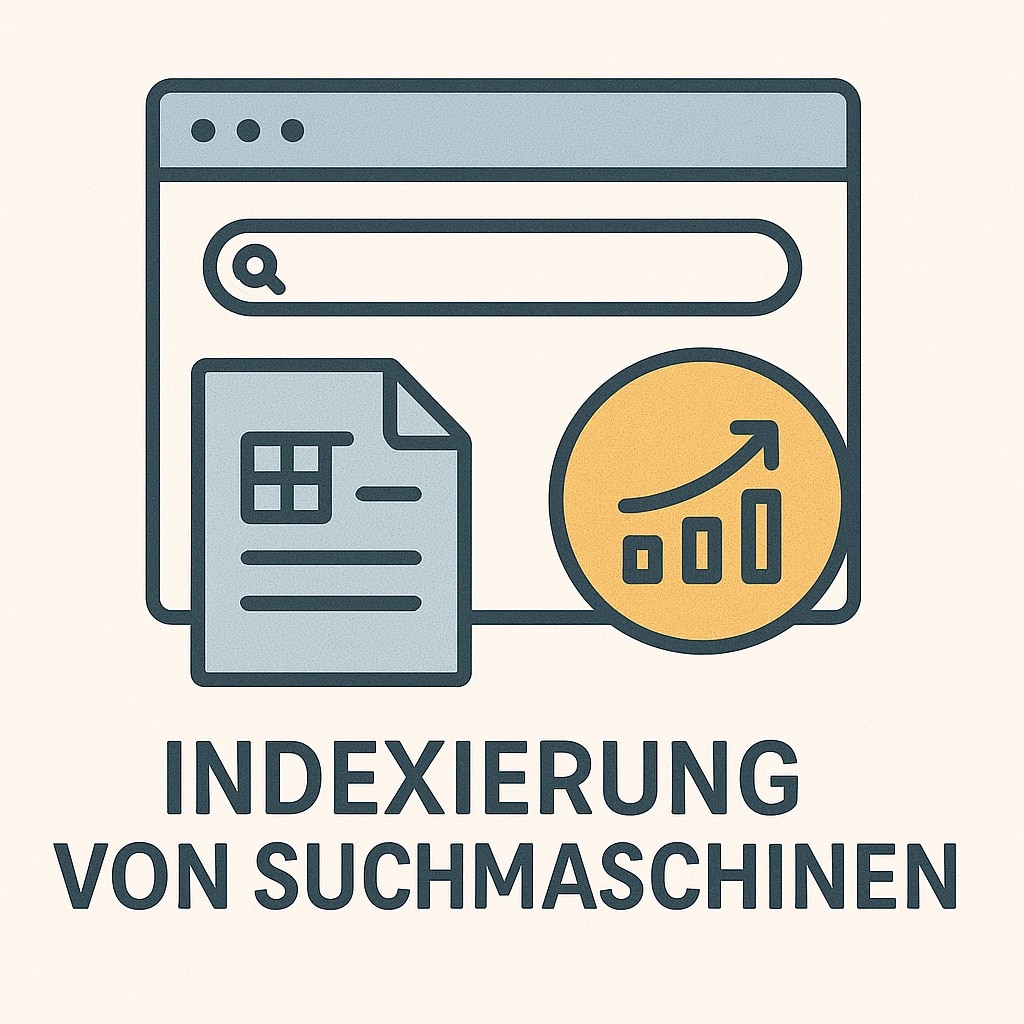 Grafik zur Indexierung von Suchmaschinen: Ein Browserfenster mit Suchleiste und Lupe, davor ein Dokument mit Tabellenstruktur und daneben ein Kreis mit aufsteigendem Balkendiagramm. Darunter der Titel ‚Indexierung von Suchmaschinen‘.