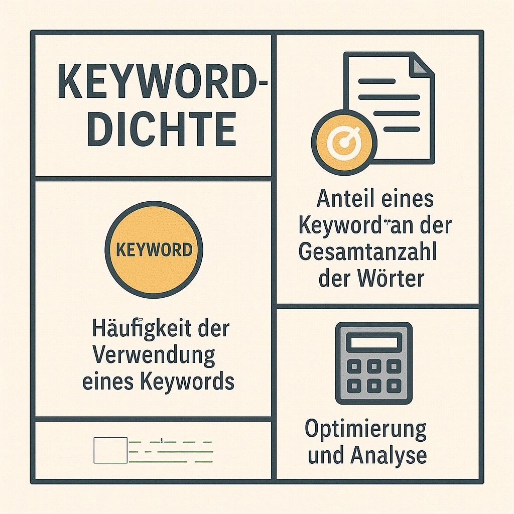 Infografik zum Thema Keyword-Dichte: In einem viergeteilten Raster werden zentrale Aspekte dargestellt – Titel ‚Keyword-Dichte‘, Symbol für ein Keyword mit dem Text ‚Häufigkeit der Verwendung eines Keywords‘, Dokumenten-Icon mit dem Text ‚Anteil eines Keywords an der Gesamtanzahl der Wörter‘ sowie ein Taschenrechnersymbol mit dem Text ‚Optimierung und Analyse‘