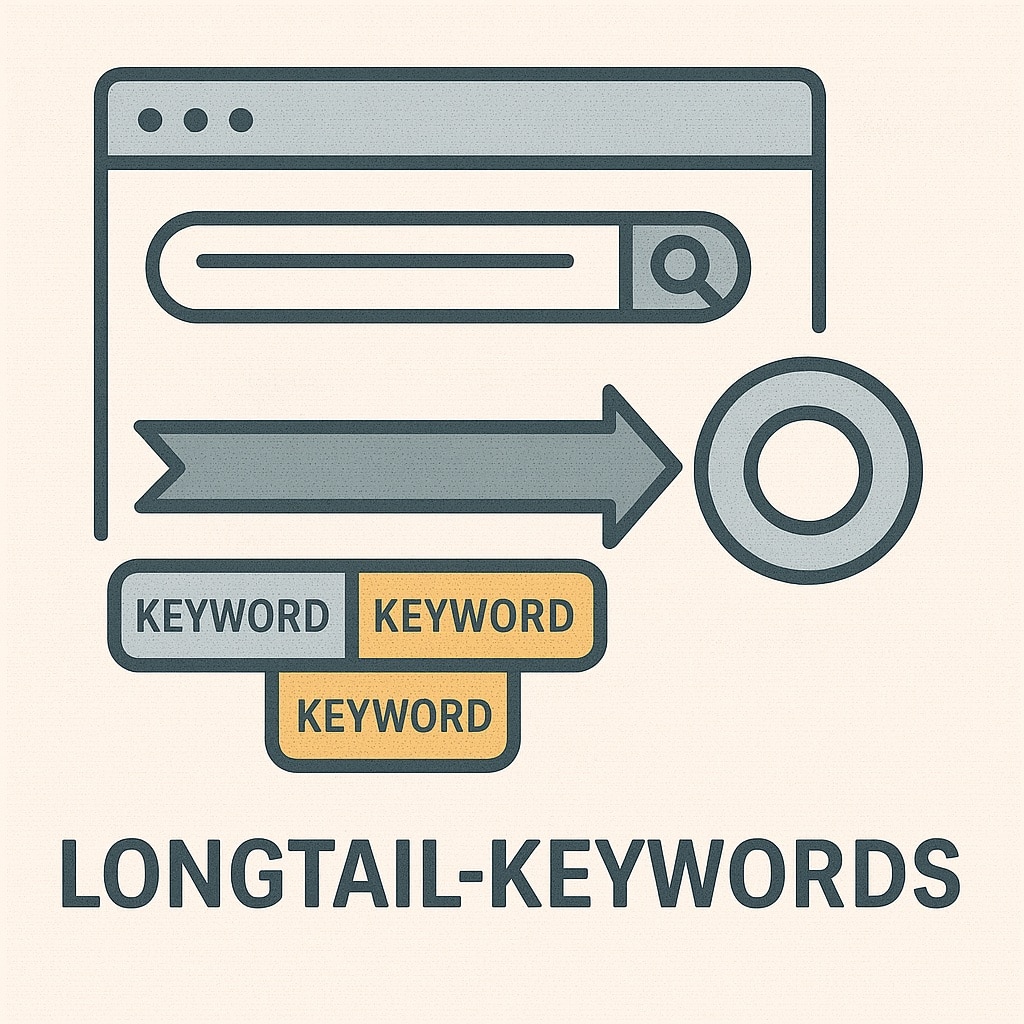 Grafik zum Thema Longtail-Keywords: Ein Browserfenster mit Suchleiste, ein langer Pfeil, der auf ein Zielkreis-Symbol zeigt, sowie drei farbige Keyword-Felder darunter. Unter der Illustration steht der Begriff ‚Longtail-Keywords‘ in Großbuchstaben.