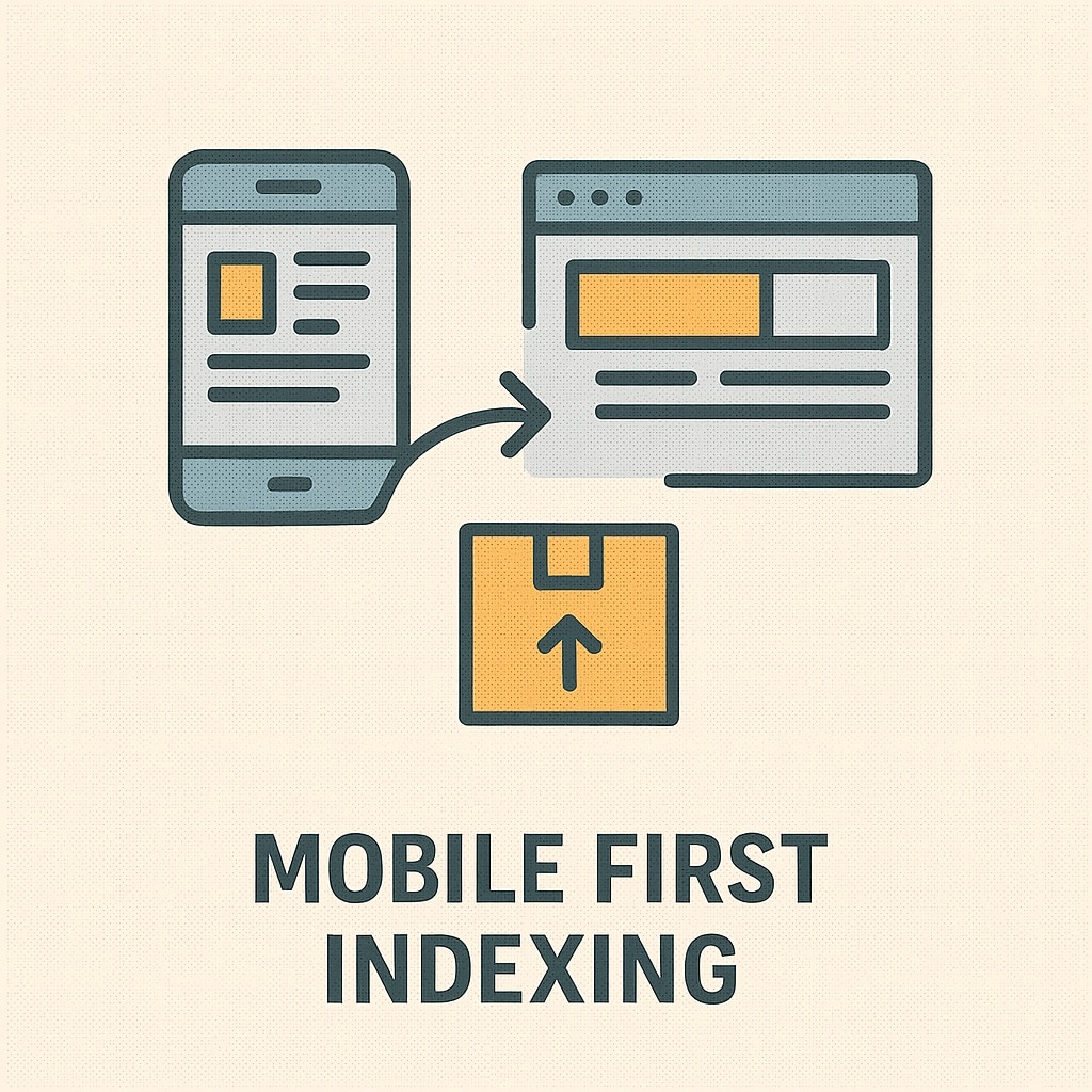 Grafik zum Thema Mobile First Indexing: Ein Smartphone mit Website-Darstellung steht links, daneben ein Browserfenster. Ein Pfeil zeigt vom Handy zum Desktop-Browser, darunter ein Symbol mit Aufwärtspfeil. Beschriftung unten: ‚Mobile First Indexing‘.