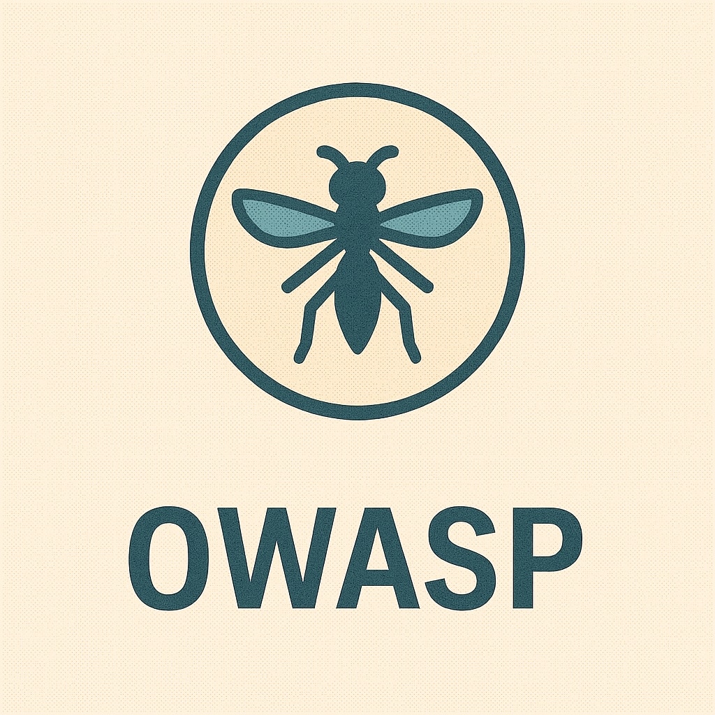 Grafik zum Thema OWASP: In der Mitte ein dunkelblauer Kreis mit einer stilisierten Wespe als Symbol des OWASP-Logos. Darunter steht der Schriftzug ‚OWASP‘ in Großbuchstaben auf beigem Hintergrund.