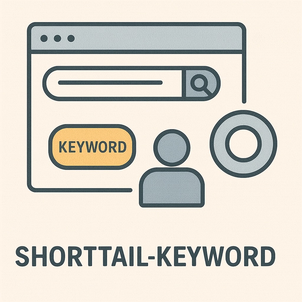 Grafik zum Thema Shorttail-Keyword: Ein Browserfenster mit Suchleiste, darunter ein einzelnes gelbes Keyword-Feld, eine stilisierte menschliche Figur und ein Zielkreis-Symbol. Unter der Illustration steht der Begriff ‚Shorttail-Keyword‘ in Großbuchstaben.