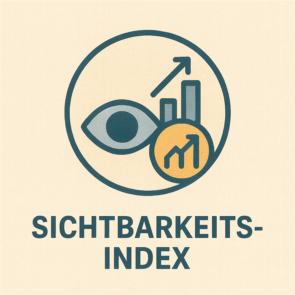 Grafik zum Thema Sichtbarkeitsindex: In einem Kreis sind ein stilisiertes Auge, ein Balkendiagramm mit Aufwärtspfeil und ein Symbol mit steigender Kurve dargestellt. Darunter steht der Begriff ‚Sichtbarkeitsindex‘ in Großbuchstaben.