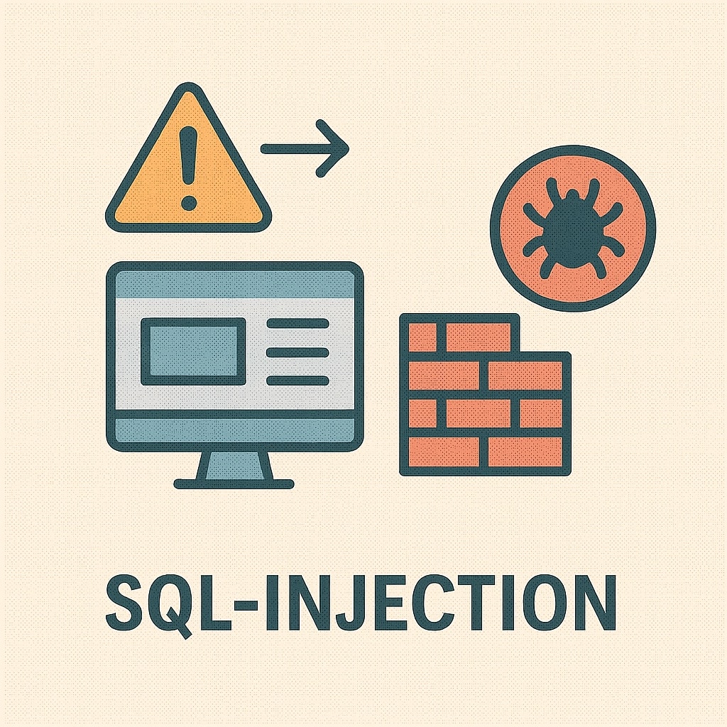 Grafik zum Thema SQL-Injection: Ein Computerbildschirm, eine rote Backsteinmauer, ein Käfer-Symbol als Zeichen für Malware und ein gelbes Warnsymbol mit Ausrufezeichen verdeutlichen den Angriff. Darunter steht der Begriff ‚SQL-Injection‘ in Großbuchstaben.