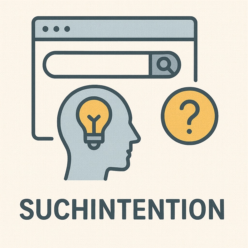 Grafik zur Suchintention: Ein Browserfenster mit Suchleiste steht im Hintergrund. Davor ein menschliches Profil mit einer Glühbirne im Kopf als Symbol für Gedanken oder Absichten. Daneben ein gelber Kreis mit einem Fragezeichen. Unter dem Bild steht das Wort ‚Suchintention‘.