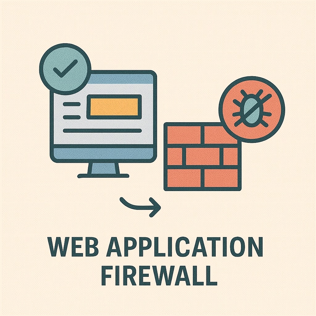 Grafik zum Thema Web Application Firewall: Ein Computerbildschirm mit Website-Darstellung, daneben eine rote Backsteinmauer als Firewall-Symbol und ein durchgestrichenes Käfer-Icon für Bedrohungsabwehr. Darunter der Schriftzug ‚Web Application Firewall.