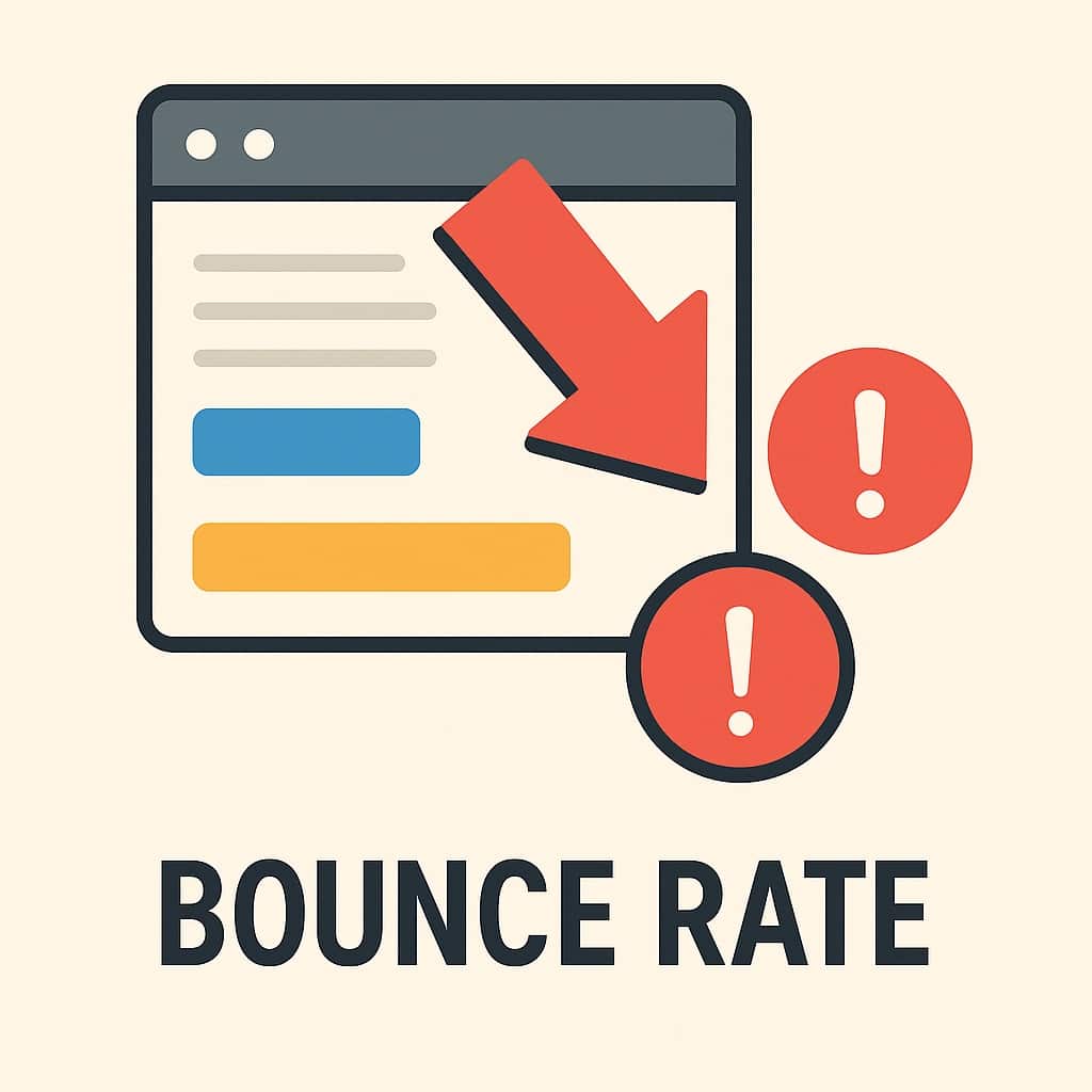 Grafik zum Thema Bounce Rate: Ein Browserfenster mit Textzeilen zeigt einen roten Pfeil, der nach unten weist und eine fallende Bewegung symbolisiert. Daneben ein Kreis mit Ausrufezeichen als Warnhinweis. Unterhalb steht der Schriftzug ‚Bounce Rate‘ in Großbuchstaben.