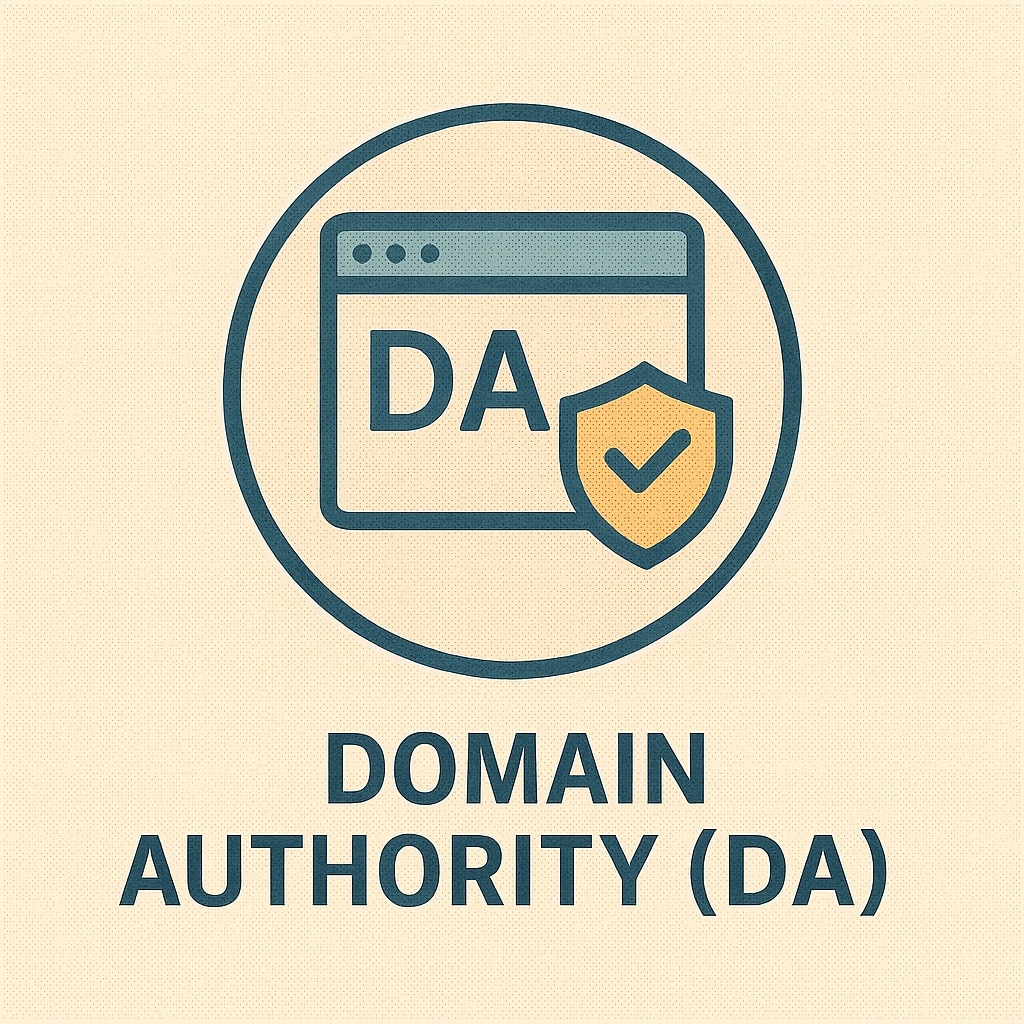 Grafik zum Thema Domain Authority (DA): In einem Kreis ist ein stilisiertes Browserfenster mit der Abkürzung ‚DA‘ zu sehen, daneben ein Schildsymbol mit Häkchen als Zeichen für Vertrauen und Autorität. Darunter steht der Begriff ‚Domain Authority (DA)‘ in Großbuchstaben.“