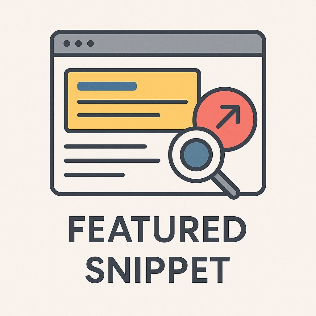 Grafik zum Thema Featured Snippet: Ein stilisiertes Browserfenster mit gelbem hervorgehobenen Kasten für das Snippet, daneben eine Lupe und ein roter Kreis mit Aufwärtspfeil. Darunter steht der Begriff ‚FEATURED SNIPPET‘ in Großbuchstaben.
