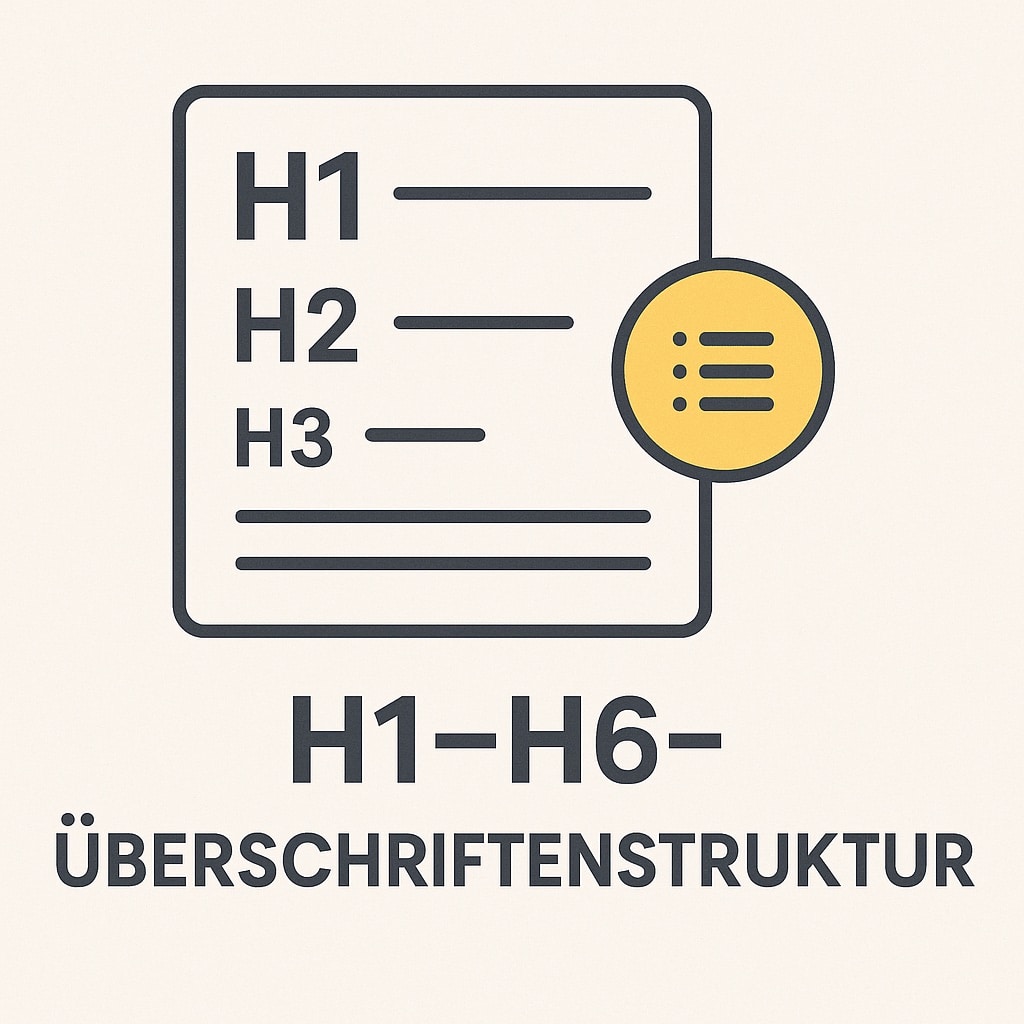Grafik zur H1–H6-Überschriftenstruktur: Eine hierarchisch gegliederte Darstellung mit sechs unterschiedlich großen Überschriften-Titeln von H1 bis H6, die durch Linien verbunden sind. Symbole wie Pfeile und Textblöcke verdeutlichen die Struktur. Darunter steht der Titel ‚H1–H6-Überschriftenstruktur‘