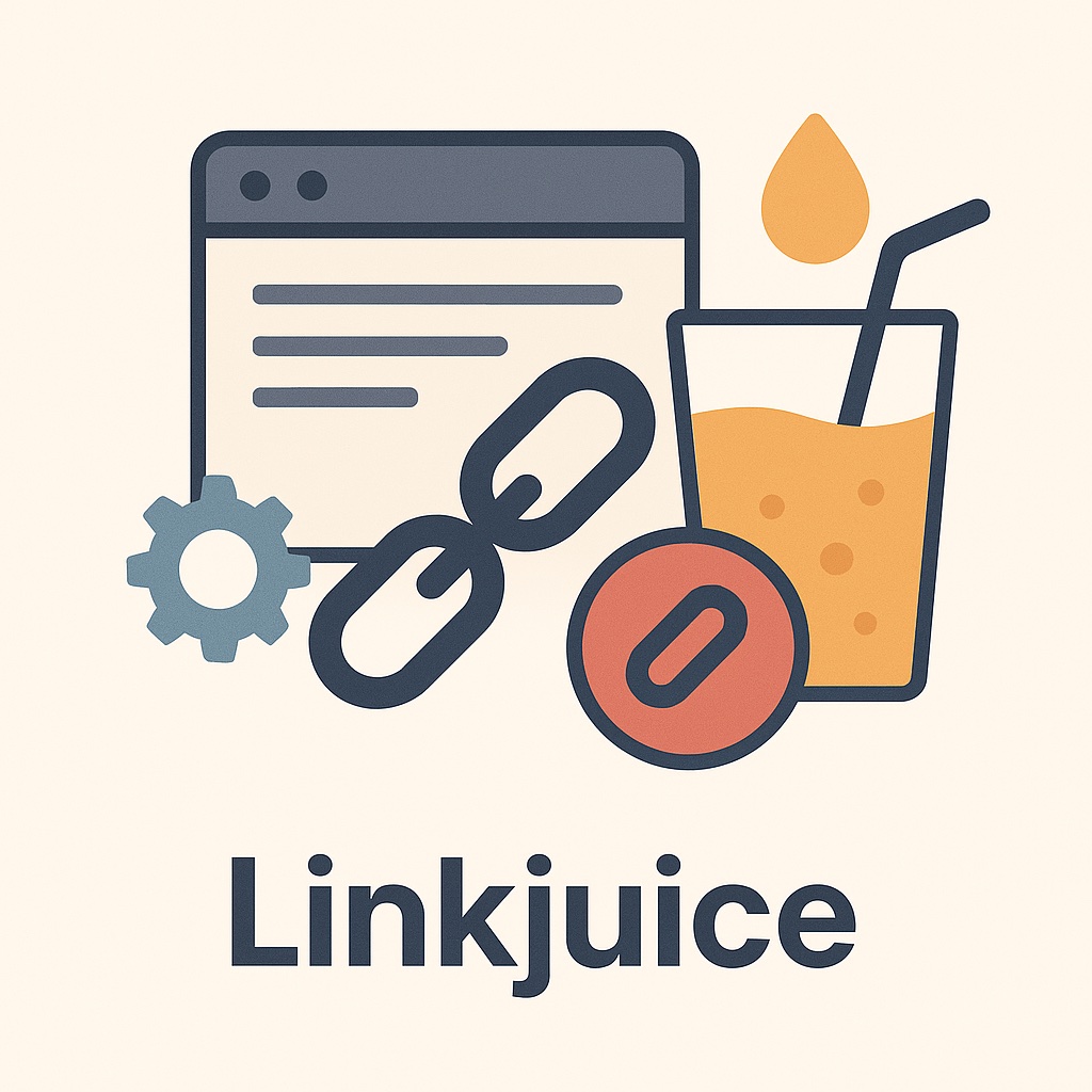 Grafik zum Thema Linkjuice: Ein Browserfenster mit Textzeilen, davor zwei verbundene Kettenglieder, ein Glas Orangensaft mit Strohhalm und ein Zahnradsymbol. Darunter steht der Schriftzug ‚Linkjuice‘ in Großbuchstaben.