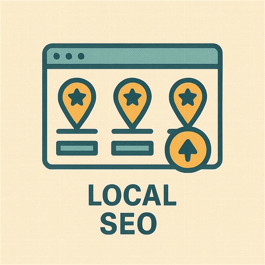 Grafik zum Thema Local Pack: Ein stilisiertes Browserfenster mit drei Karten-Pins, jeweils mit Sternsymbol, darunter drei Rechteckfelder als Platzhalter für Einträge. Daneben ein runder Button mit Aufwärtspfeil. Unter der Grafik steht der Begriff ‚Local SEO‘ in Großbuchstaben