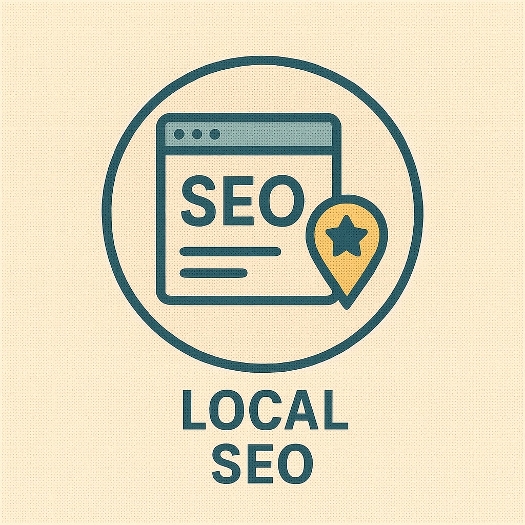 Grafik zum Thema Local SEO: Ein stilisiertes Browserfenster mit dem Schriftzug ‚SEO‘ wird von einem Karten-Pin mit Sternsymbol überlagert. Alle Elemente sind in einem Kreis dargestellt. Unterhalb steht der Begriff ‚Local SEO‘ in Großbuchstaben.