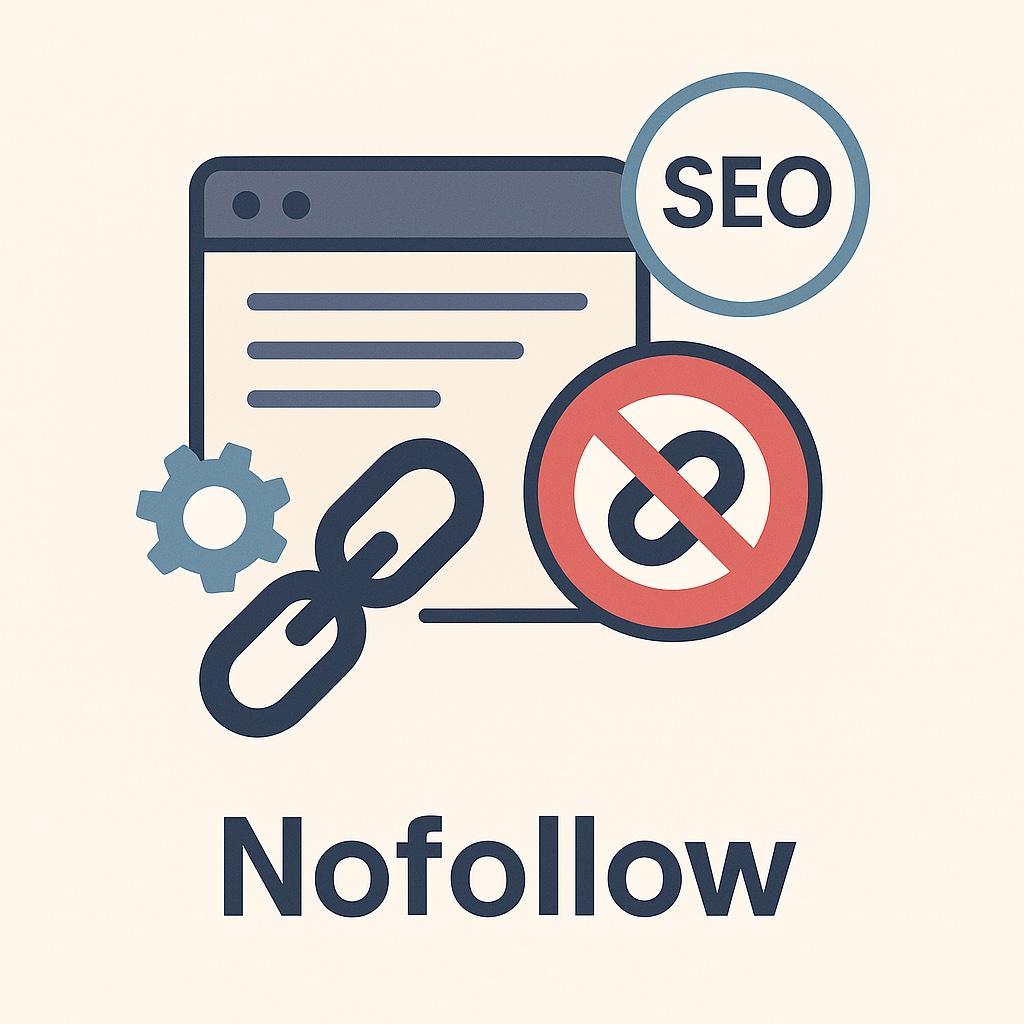 Flache digitale Illustration zum SEO-Konzept „Nofollow“ mit Browserfenster, Kettenglied-Icon, rotem Verbotssymbol und Zahnrad, dargestellt in Beige-, Grau-, Blau- und Rottönen.
