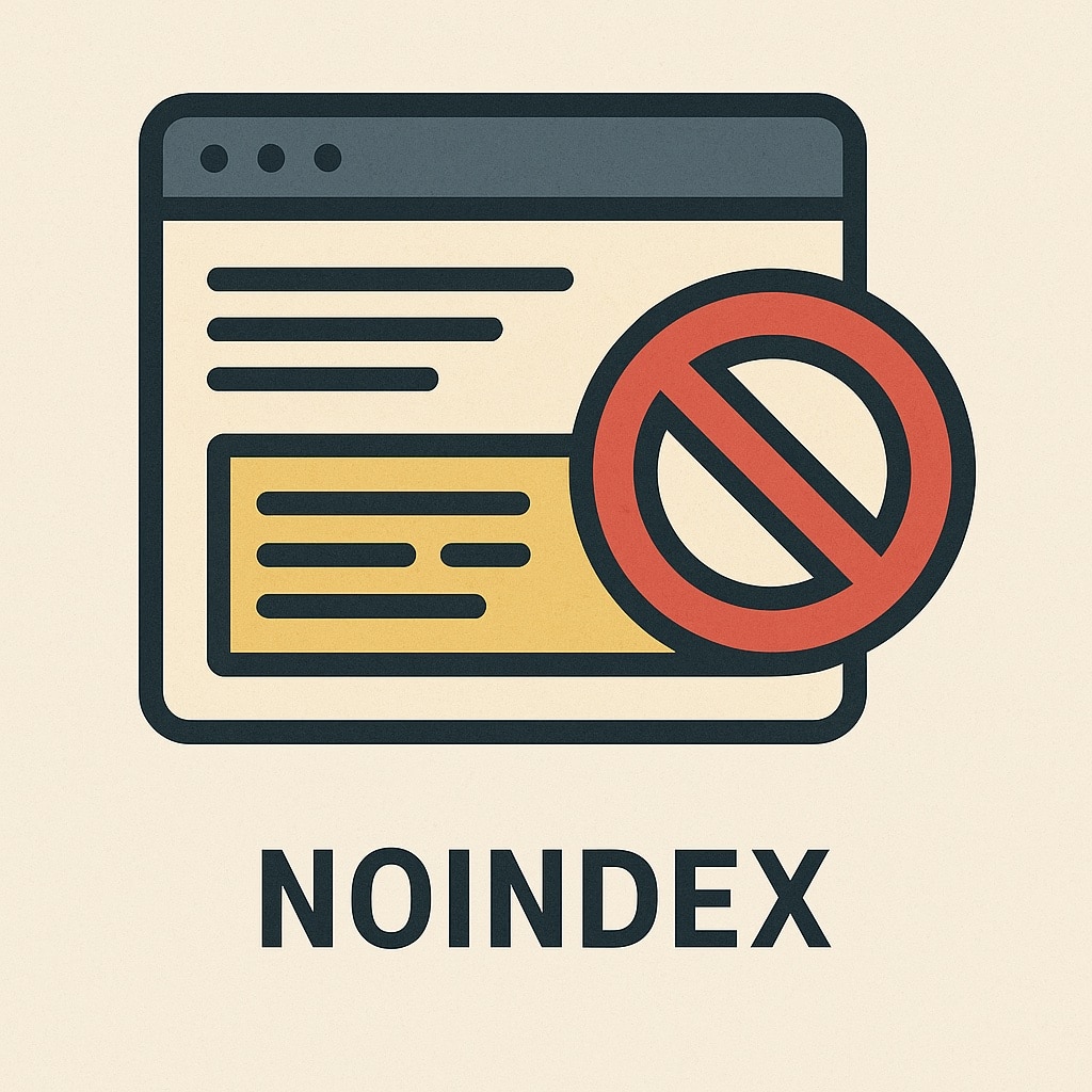 Flach gestaltete digitale Illustration zum Thema Noindex, mit Browserfenster-Symbol, durchgestrichenem Index-Zeichen und stilisierten SEO-Elementen, die die Ausgrenzung einer Webseite aus Suchmaschinen verdeutlichen.
