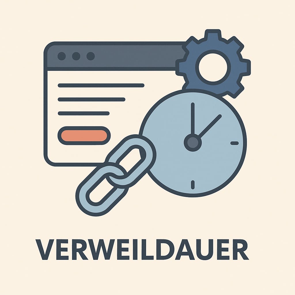 Grafik zum Thema Verweildauer: Ein Browserfenster mit Textzeilen, davor ein großes Uhr-Symbol als Zeichen für Zeit, ein Kettenglied und ein Zahnrad. Darunter steht der Begriff ‚Verweildauer‘ in Großbuchstaben.