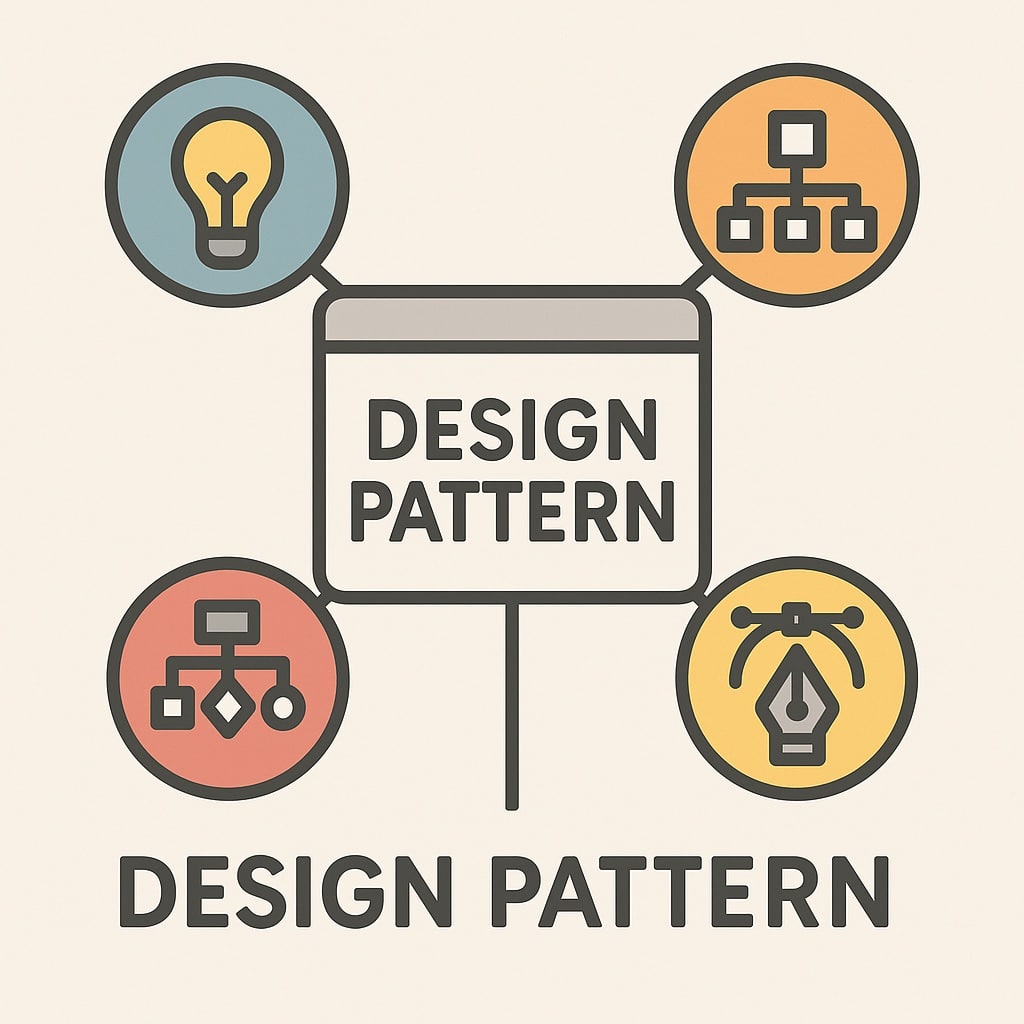 Grafik zum Thema Design Pattern: In der Mitte ein Rechteck mit dem Text ‚Design Pattern‘, das durch Linien mit vier Kreisen verbunden ist. Die Kreise enthalten Symbole: Glühbirne (Idee), Organigramm (Struktur), Entscheidungsdiagramm (Prozesse) und Stiftwerkzeug (Gestaltung). Darunter steht der Schriftzug ‚Design Pattern‘