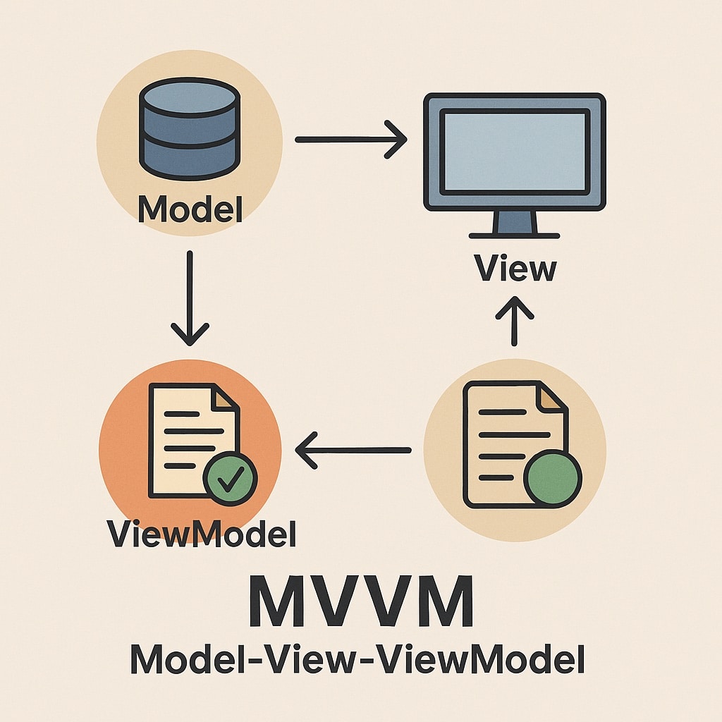 Grafik zum Thema MVVM – Model-View-ViewModel: Drei verbundene Kreise mit Symbolen für Datenbank (Model), Monitor (View) und Dokumente mit Häkchen (ViewModel). Pfeile verdeutlichen die Interaktion zwischen den Elementen. Darunter steht der Schriftzug ‚MVVM – Model-View-ViewModel‘.