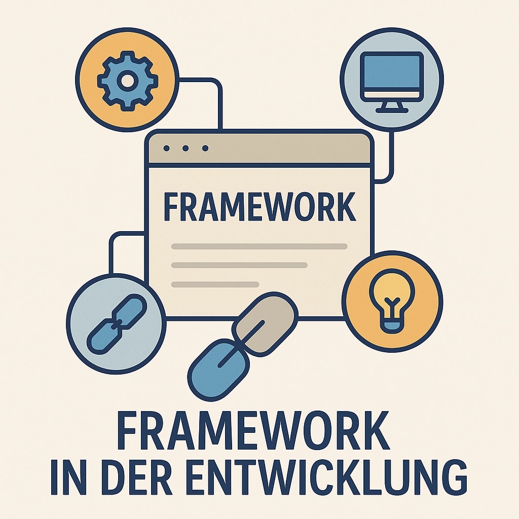 Grafik zum Thema Framework in der Entwicklung: Ein Browserfenster mit dem Wort ‚Framework‘ in der Mitte, verbunden mit Symbolen für Zahnrad (Technik), Monitor (Programmierung), Glühbirne (Ideen) und Kettenglieder (Verknüpfung). Darunter der Schriftzug ‚Framework in der Entwicklung.