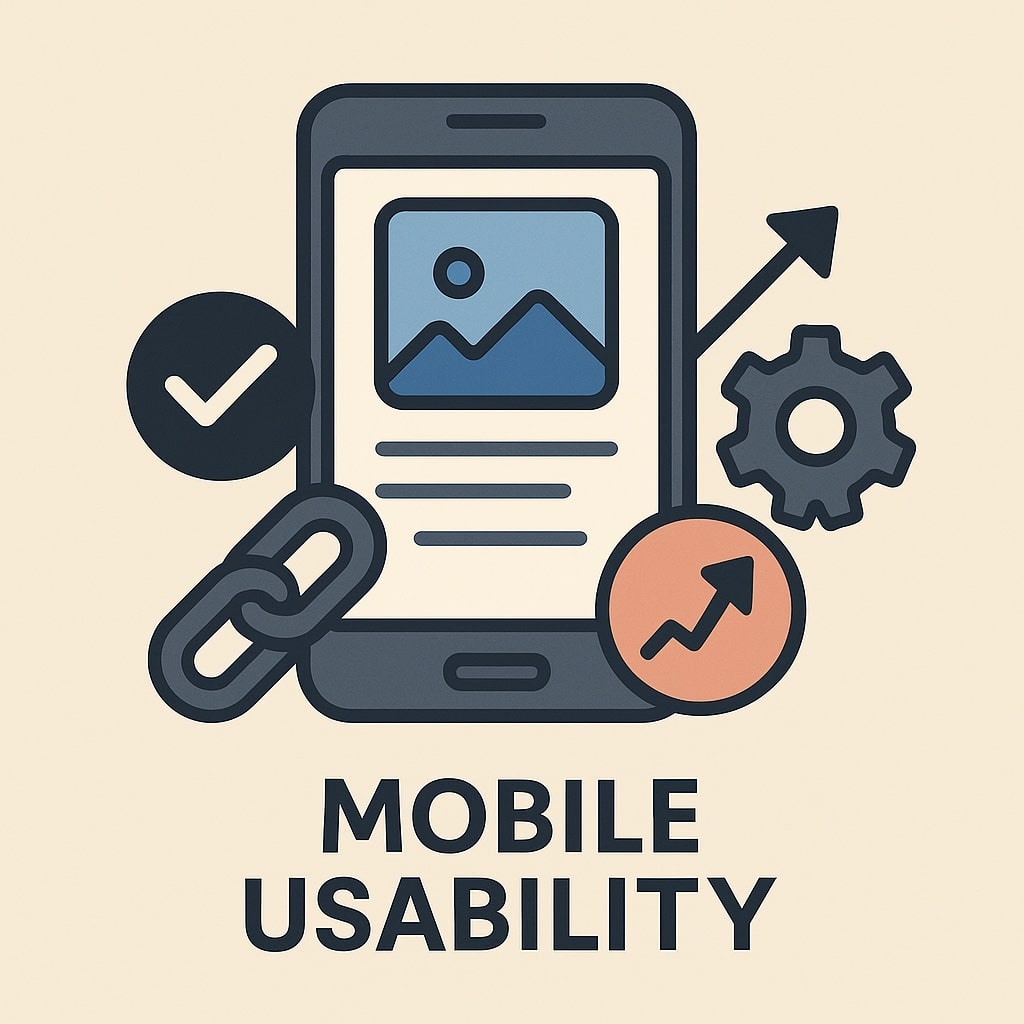 Grafik zum Thema Mobile Usability: Ein Smartphone mit angezeigtem Webseitenlayout steht im Mittelpunkt. Links daneben ein Häkchen-Symbol, rechts ein Zahnrad mit Aufwärtspfeil, darunter ein Kettenglied. Unter der Darstellung steht der Schriftzug ‚Mobile Usability‘.