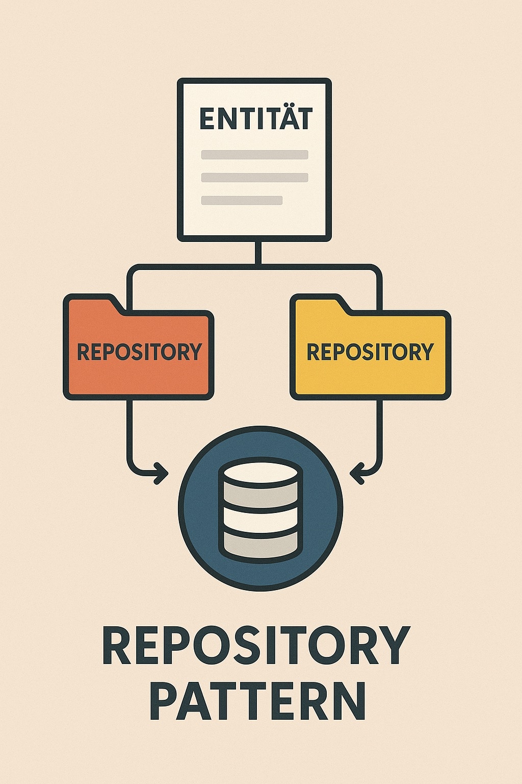 Grafik zum Thema Repository Pattern: Oben ein Dokument mit der Beschriftung ‚Entität‘, das zu zwei farbigen Ordnern mit der Aufschrift ‚Repository‘ führt. Beide Ordner sind mit einer zentralen Datenbank unten verbunden. Darunter steht der Schriftzug ‚Repository Pattern‘.