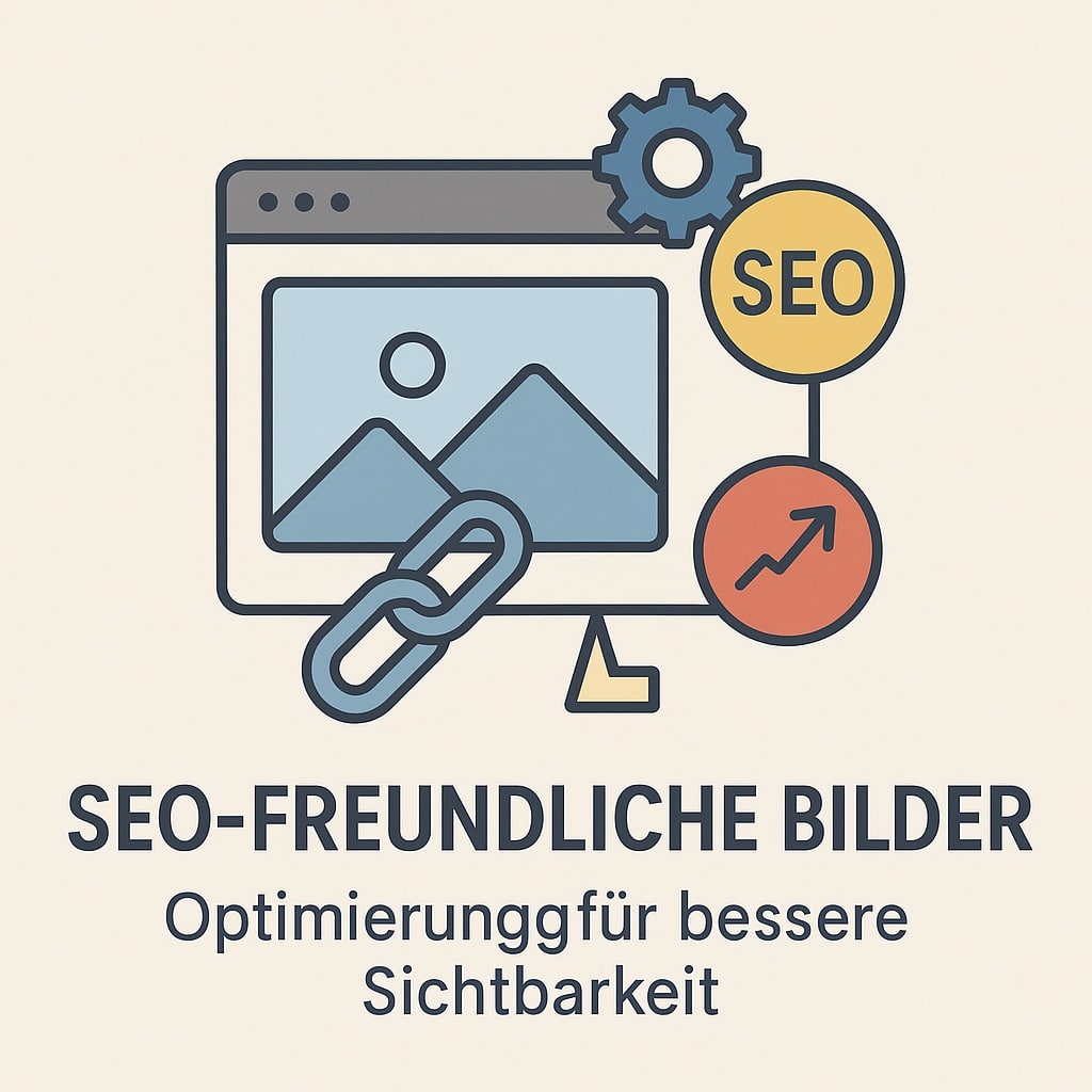 Grafik zum Thema SEO-freundliche Bilder: Ein Browserfenster mit Bildsymbol, davor ein Kettenglied, daneben ein Zahnrad und ein Kreis mit der Aufschrift ‚SEO‘. Ein weiterer Kreis mit Aufwärtspfeil symbolisiert bessere Sichtbarkeit. Darunter steht der Titel ‚SEO-freundliche Bilder – Optimierung für bessere Sichtbarkeit‘
