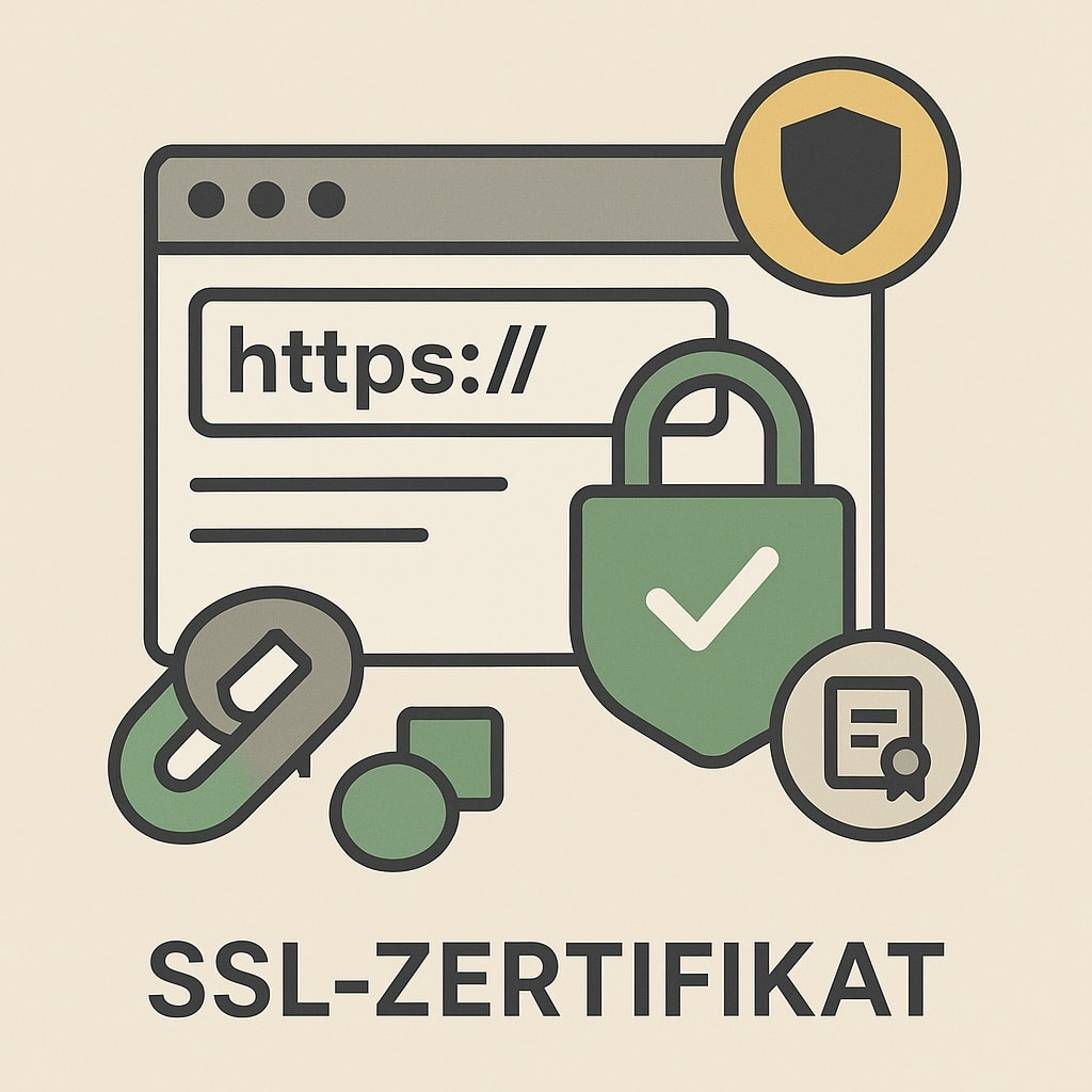 Grafik zum Thema SSL-Zertifikat: Ein Browserfenster mit der URL ‚https://‘, davor ein grünes Schloss mit Häkchen als Symbol für Sicherheit. Ergänzt durch ein Schild- und Zertifikatssymbol. Darunter steht der Schriftzug ‚SSL-Zertifikat‘.