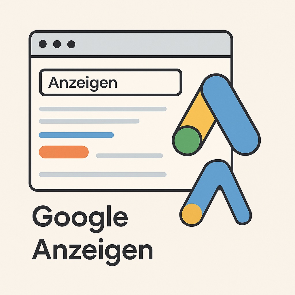 Grafik zum Thema Google Anzeigen: Ein Browserfenster mit hervorgehobener Anzeige und dem Wort ‚Anzeigen‘ im oberen Bereich. Daneben das Google-Ads-Logo in Blau, Grün und Gelb. Unter der Illustration steht der Schriftzug ‚Google Anzeigen‘.