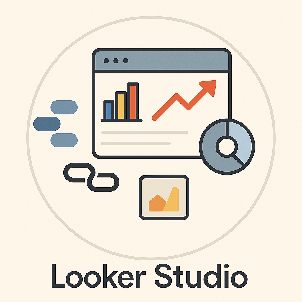 Grafik zum Thema Looker Studio: Ein Browserfenster mit Balken- und Liniendiagramm steht im Mittelpunkt, daneben Symbole wie ein Kreisdiagramm, das Looker-Studio-Logo und eine kleine Analysekarte. Darunter steht der Schriftzug ‚Looker Studio‘.