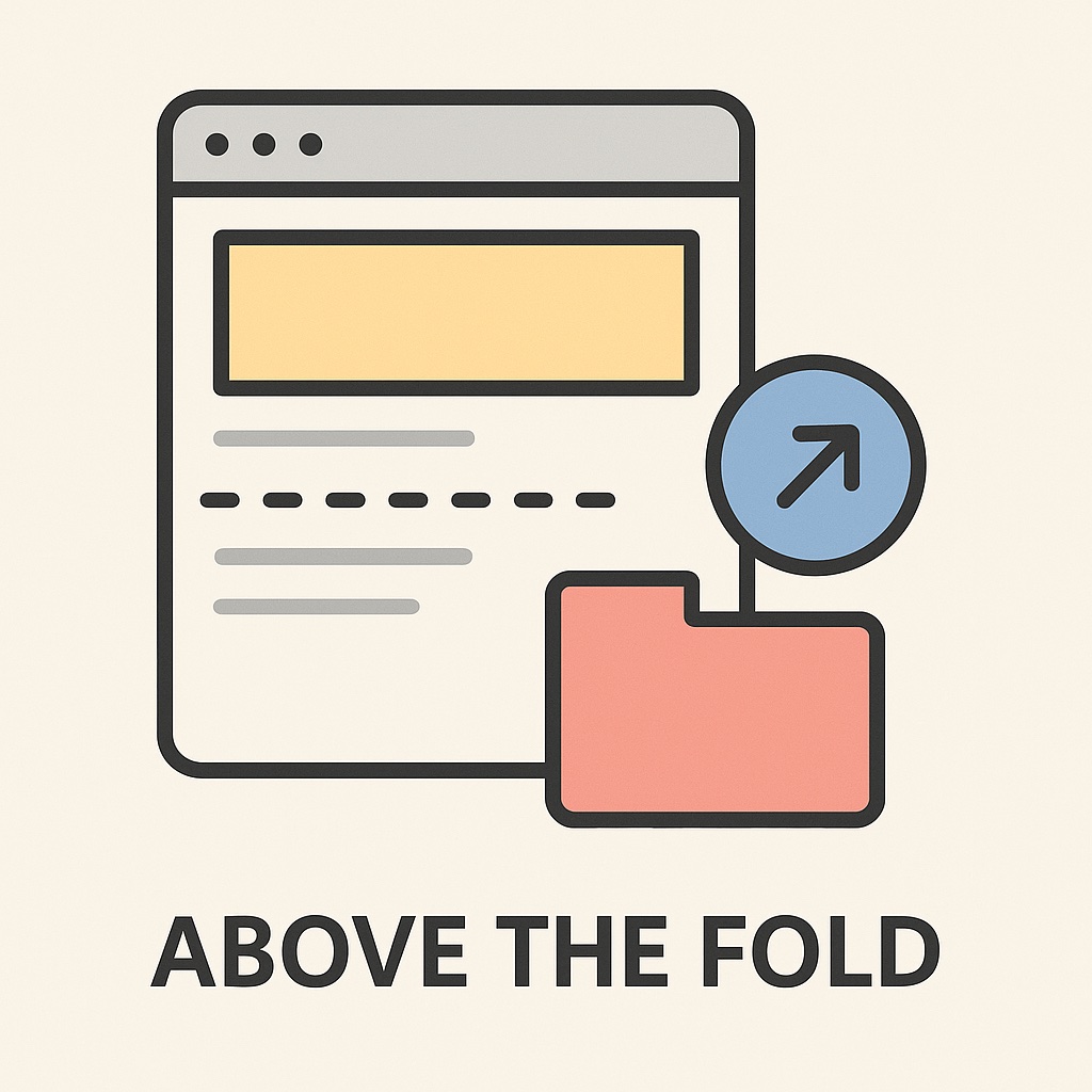 Grafik zum Thema Above the Fold: Ein Browserfenster mit gestrichelter Trennlinie teilt den oberen sichtbaren Bereich vom unteren. Ein blauer Pfeil nach oben und ein oranger Ordner symbolisieren wichtige Inhalte über dem Falz. Darunter steht der Schriftzug ‚Above the Fold