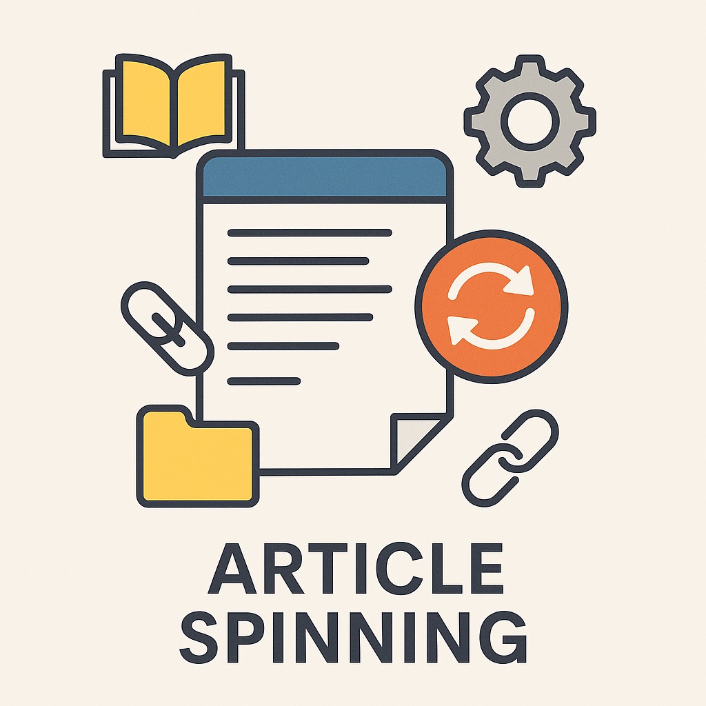 Grafik zum Thema Article Spinning: Ein Dokument mit Textzeilen steht im Zentrum, daneben ein orangefarbener Kreis mit zwei sich drehenden Pfeilen als Symbol für Wiederholung. Ergänzt durch Icons wie Buch, Zahnrad, Ordner und Kettenglieder. Darunter steht der Schriftzug ‚Article Spinning‘.