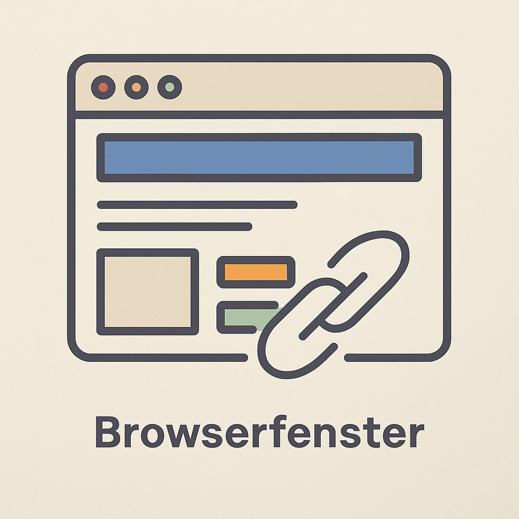 Grafik zum Thema Browserfenster: Ein stilisiertes Webbrowser-Fenster mit grauer Adresszeile, blauen und orangefarbenen Inhaltselementen sowie einem Kettensymbol im Vordergrund. Unter der Illustration steht der Schriftzug ‚Browserfenster‘.