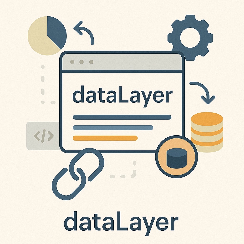 Grafik zum Thema dataLayer: Ein Browserfenster mit der Aufschrift ‚dataLayer‘ in der Mitte, umgeben von Symbolen wie Zahnrad, Datenbank, Kreisdiagramm und Kettenglied. Pfeile symbolisieren den Datenfluss. Darunter steht der Schriftzug ‚dataLayer‘.