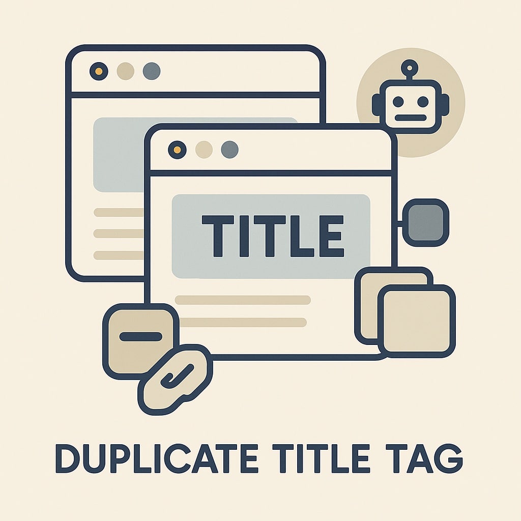 Grafik zum Thema Duplicate Title Tag: Zwei überlappende Browserfenster mit identischem Titel ‚TITLE‘ in der Mitte, daneben ein Roboter-Icon und mehrere duplizierte Rechtecke als Symbol für doppelte Inhalte. Unter der Illustration steht der Schriftzug ‚Duplicate Title Tag‘